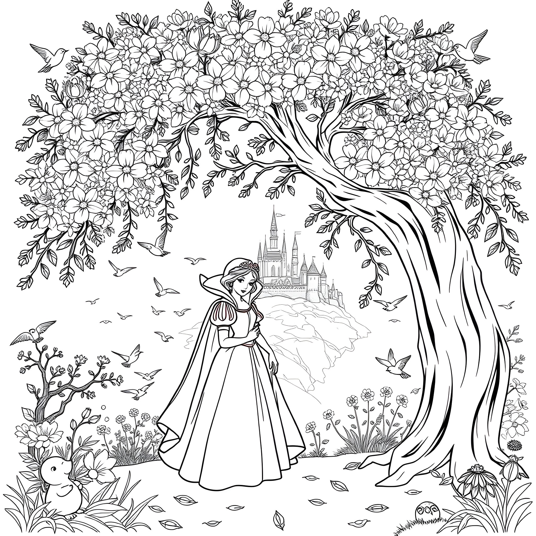 Snow White in a floral garden near a castle Coloring Page (free black-and-white line drawing printable PDF for all, from beginners to advanced learners, including children, teens, adults, and seniors)