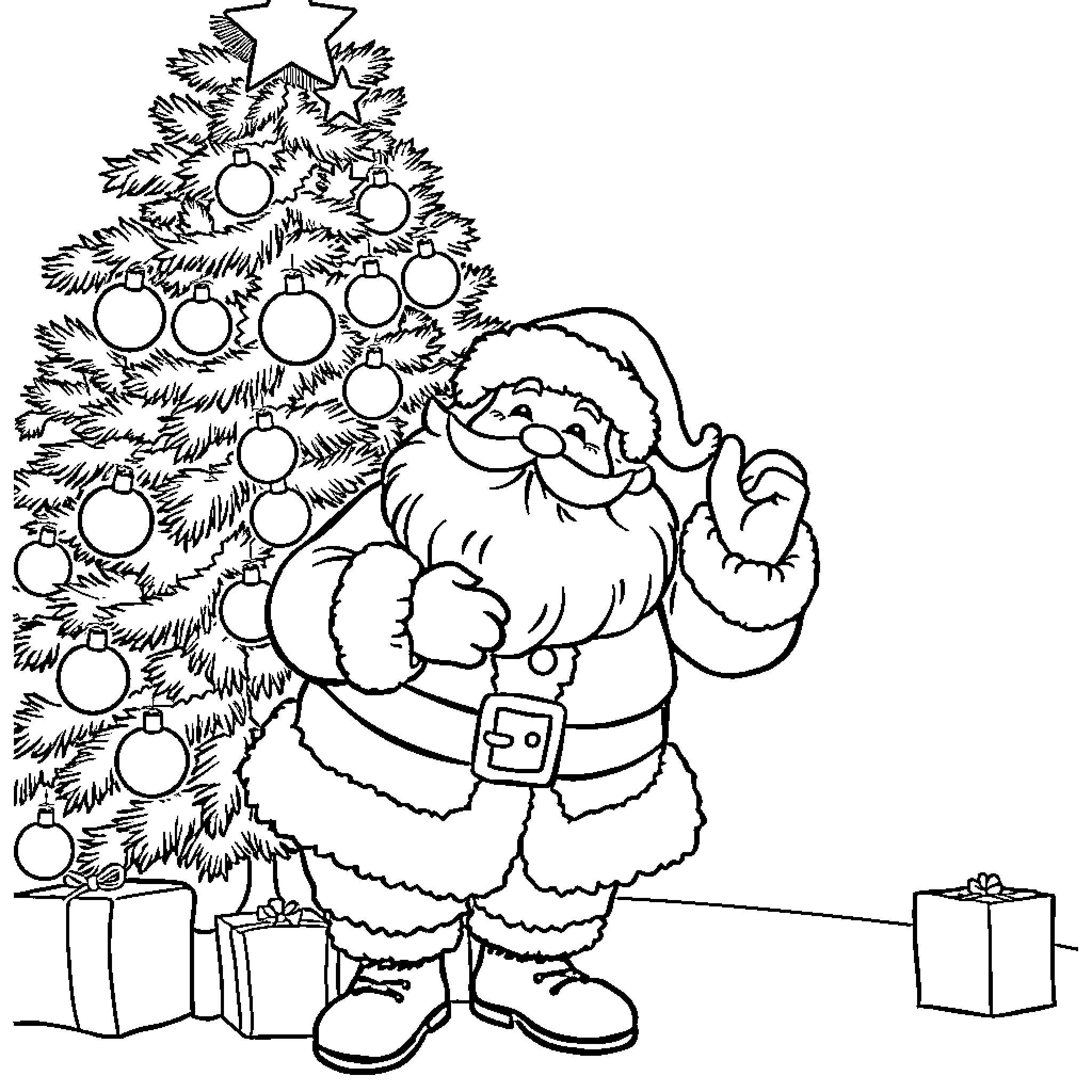 Santa Claus decorating a Christmas tree with ornaments Coloring Page (free black-and-white line drawing printable PDF for all, from beginners to advanced learners, including children, teens, adults, and seniors)