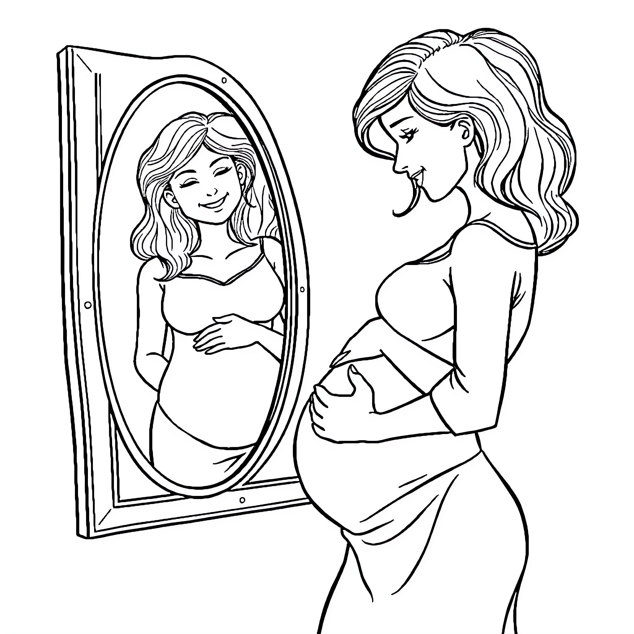 Woman admiring her pregnant reflection in the mirror Coloring Page (free black-and-white line drawing printable PDF for all, from beginners to advanced learners, including children, teens, adults, and seniors)