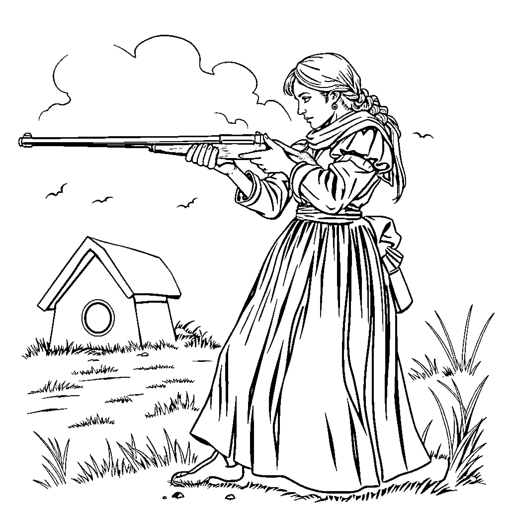 Woman aiming rifle in rural countryside Coloring Page (free black-and-white line drawing printable PDF for all, from beginners to advanced learners, including children, teens, adults, and seniors)