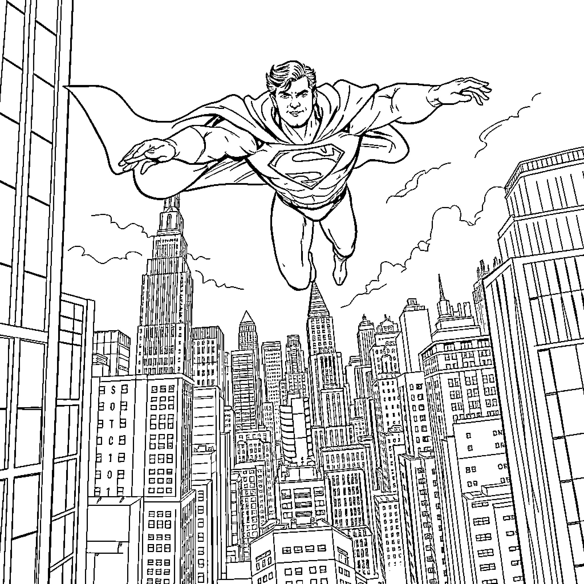 Superman soaring over the cityscape Coloring Page (free black-and-white line drawing printable PDF for all, from beginners to advanced learners, including children, teens, adults, and seniors)