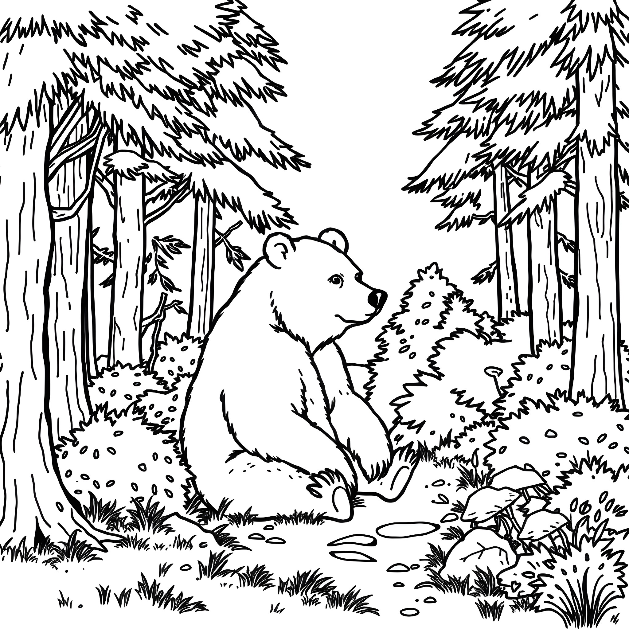 Bear in the Serene Forest Coloring Page (free black-and-white line drawing printable PDF for all, from beginners to advanced learners, including children, teens, adults, and seniors)