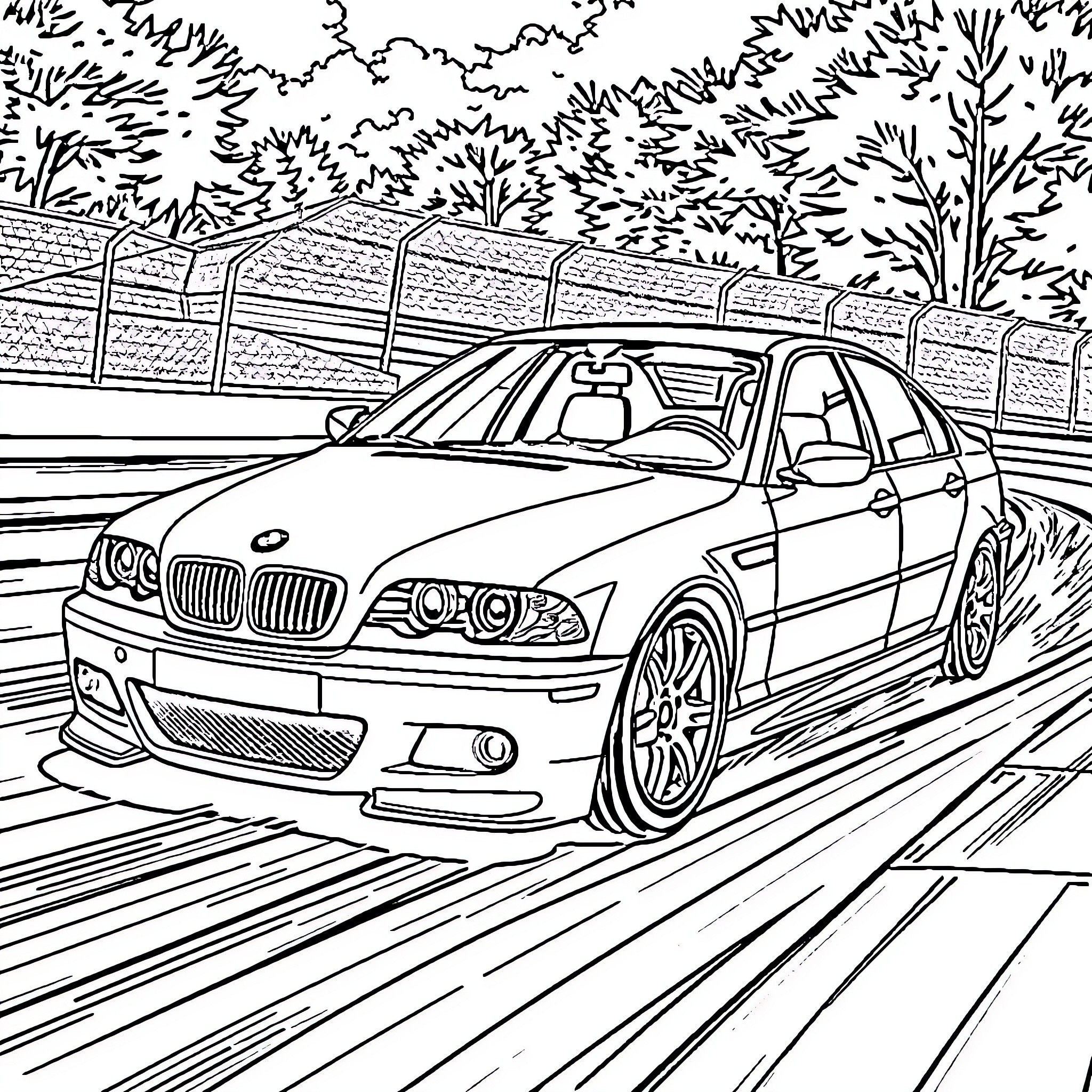 BMW E46 speeding down a road in the countryside Coloring Page (free black-and-white line drawing printable PDF for all, from beginners to advanced learners, including children, teens, adults, and seniors)