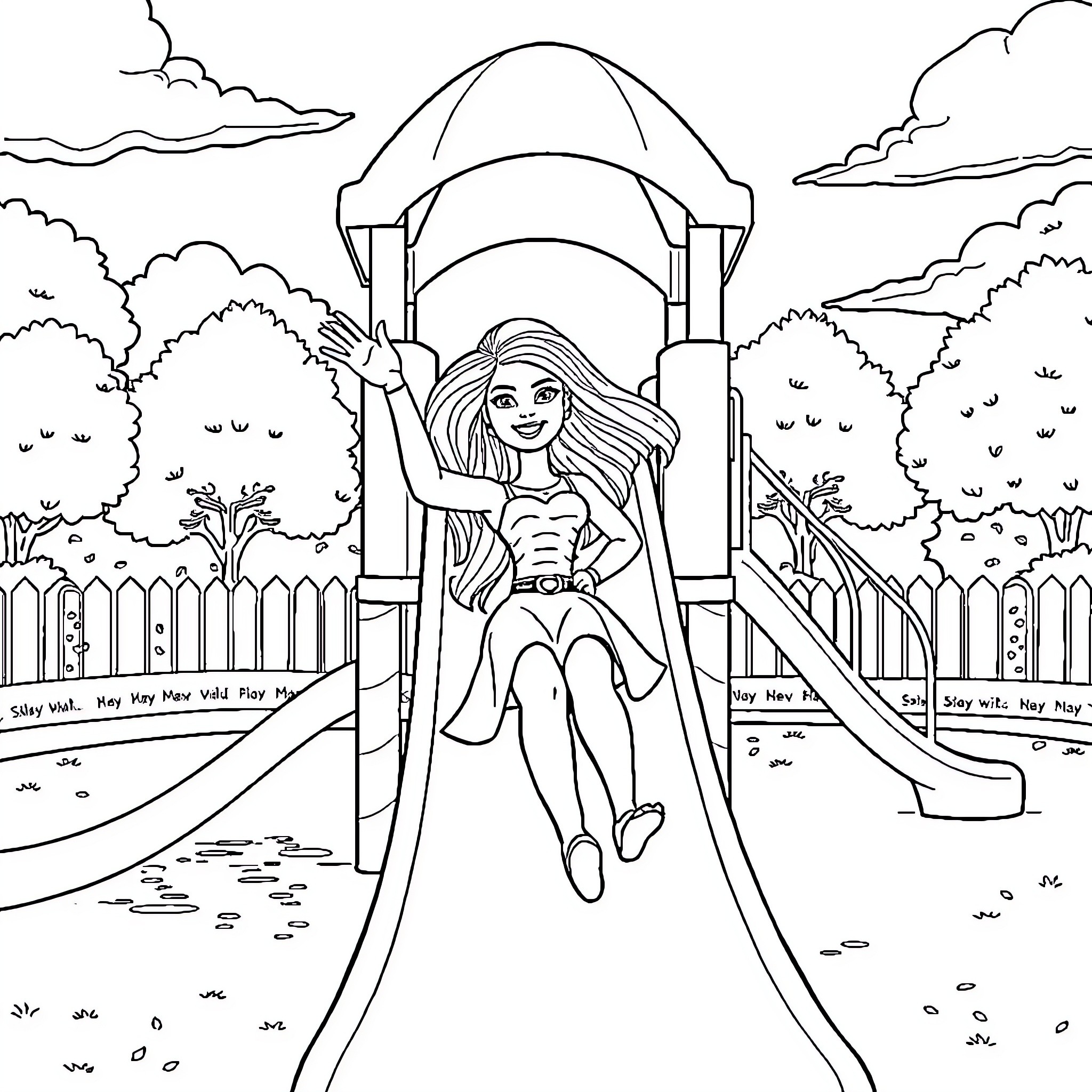 Barbie playing happily on the playground Coloring Page (free black-and-white line drawing printable PDF for all, from beginners to advanced learners, including children, teens, adults, and seniors)