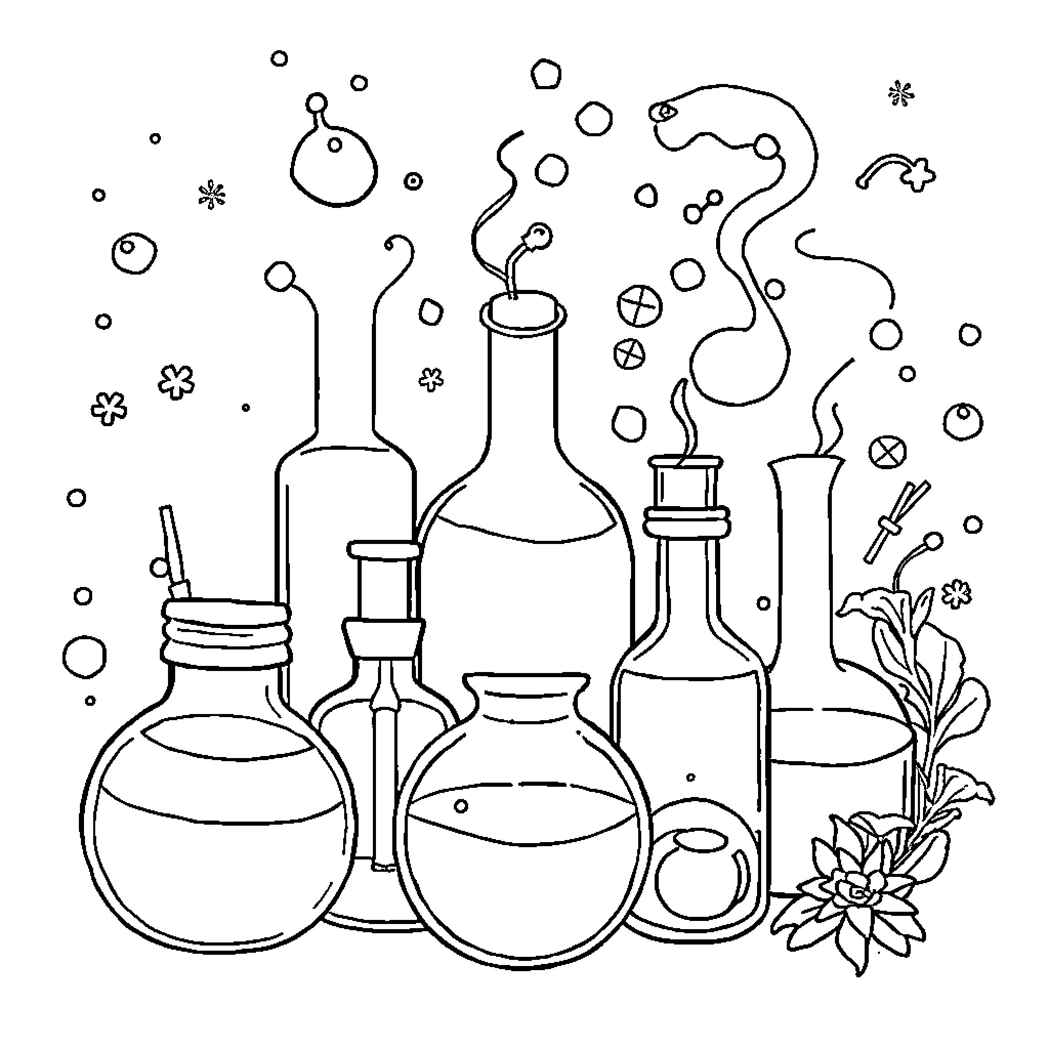Science Lab Equipment in Whimsical Illustration Coloring Page (free black-and-white line drawing printable PDF for all, from beginners to advanced learners, including children, teens, adults, and seniors)