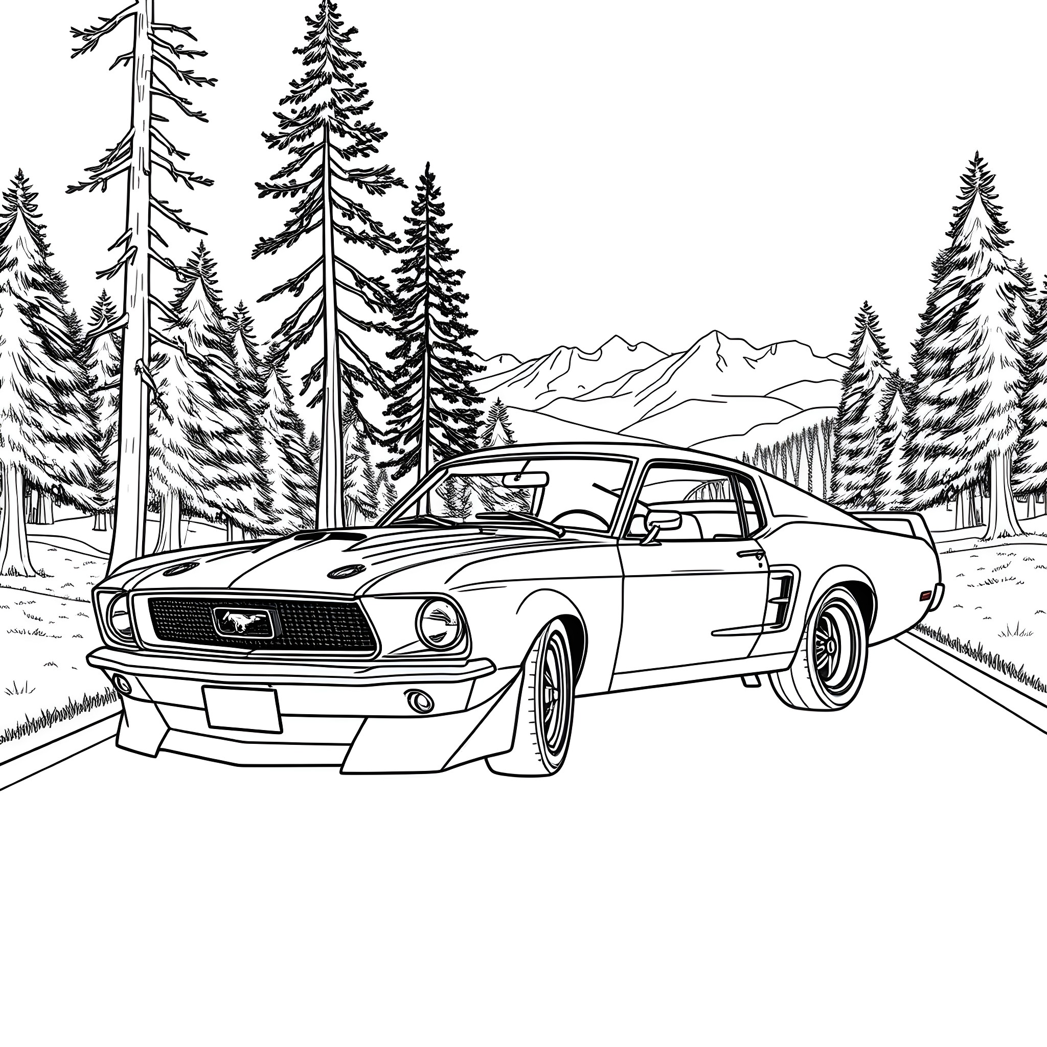 Foxbody Mustang parked in scenic wilderness Coloring Page (free black-and-white line drawing printable PDF for all, from beginners to advanced learners, including children, teens, adults, and seniors)