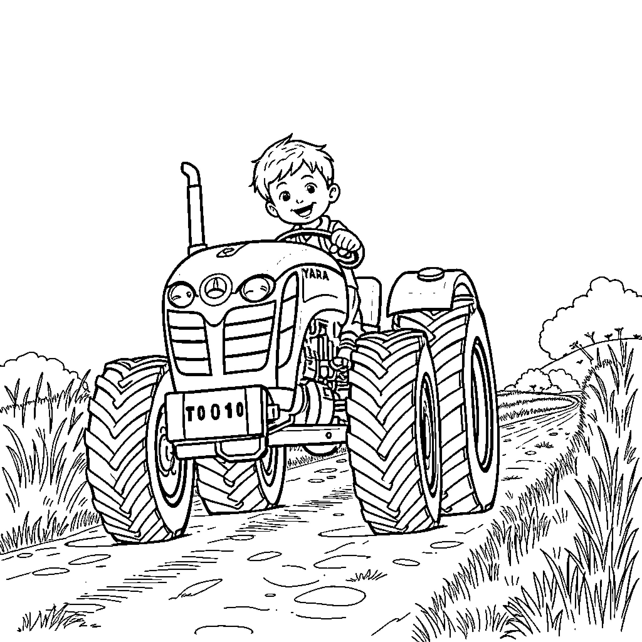Tractor driving through the countryside Coloring Page (free black-and-white line drawing printable PDF for all, from beginners to advanced learners, including children, teens, adults, and seniors)