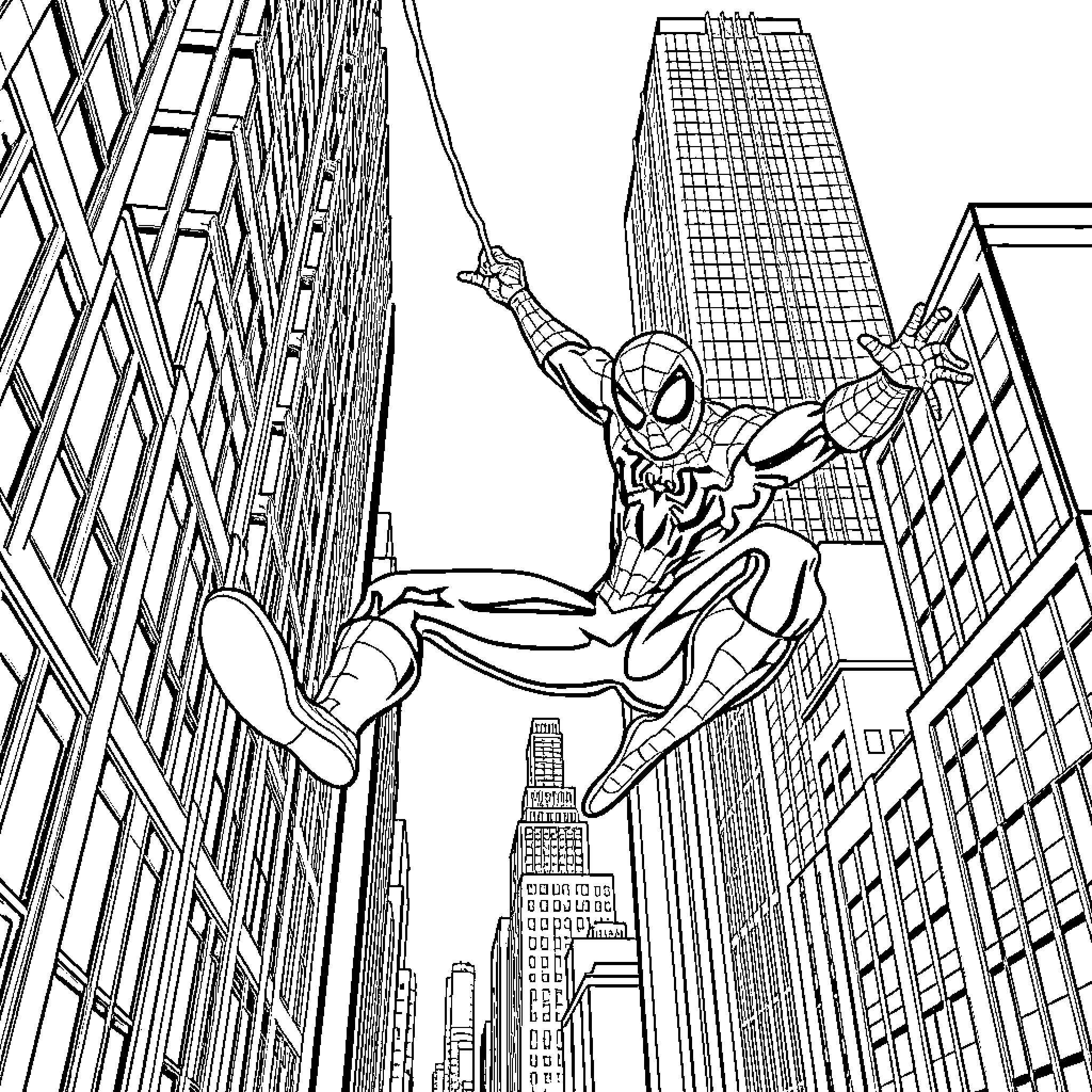 Spiderman swinging between skyscrapers in the city Coloring Page (free black-and-white line drawing printable PDF for all, from beginners to advanced learners, including children, teens, adults, and seniors)