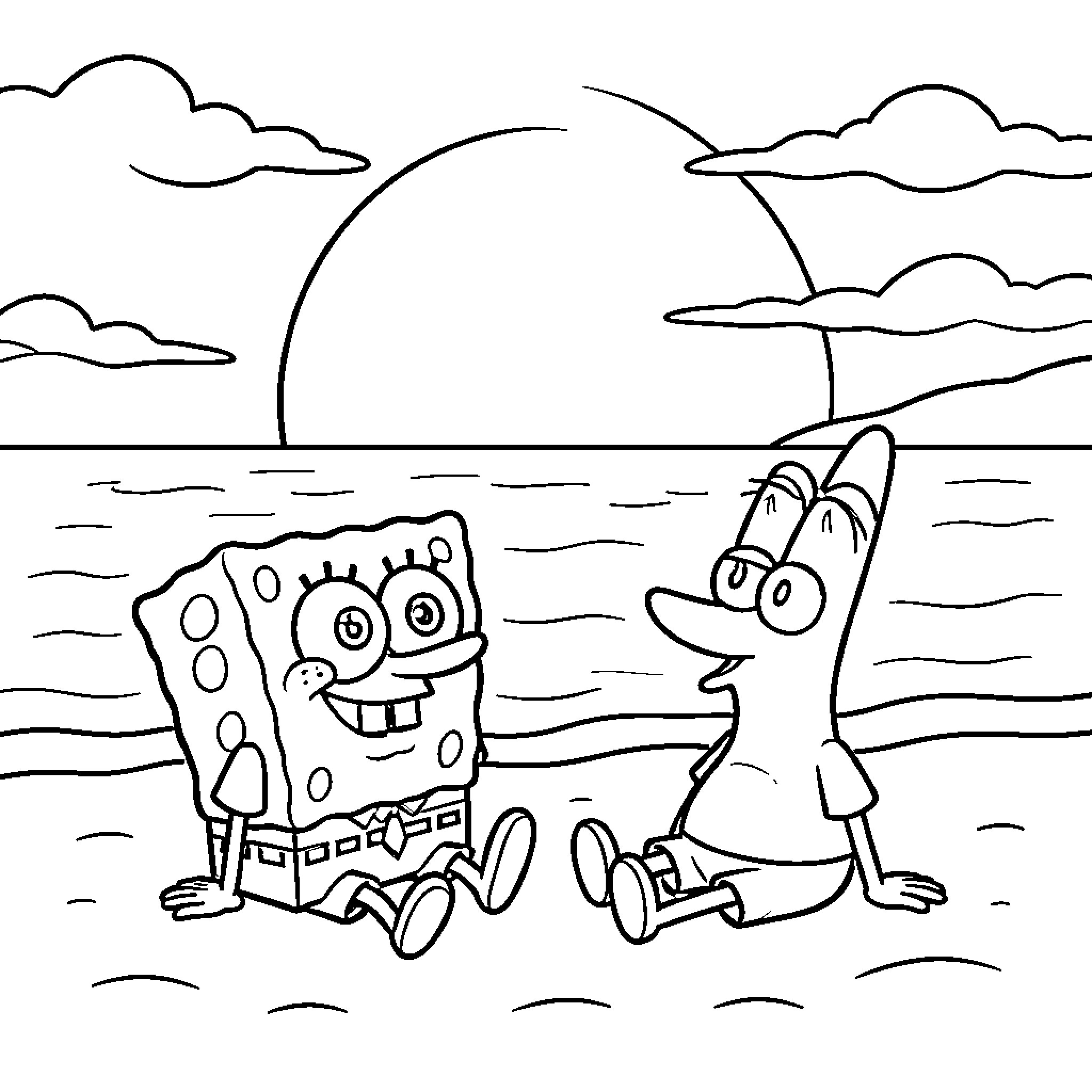 Spongebob and Patrick sitting together by the ocean sunset Coloring Page (free black-and-white line drawing printable PDF for all, from beginners to advanced learners, including children, teens, adults, and seniors)