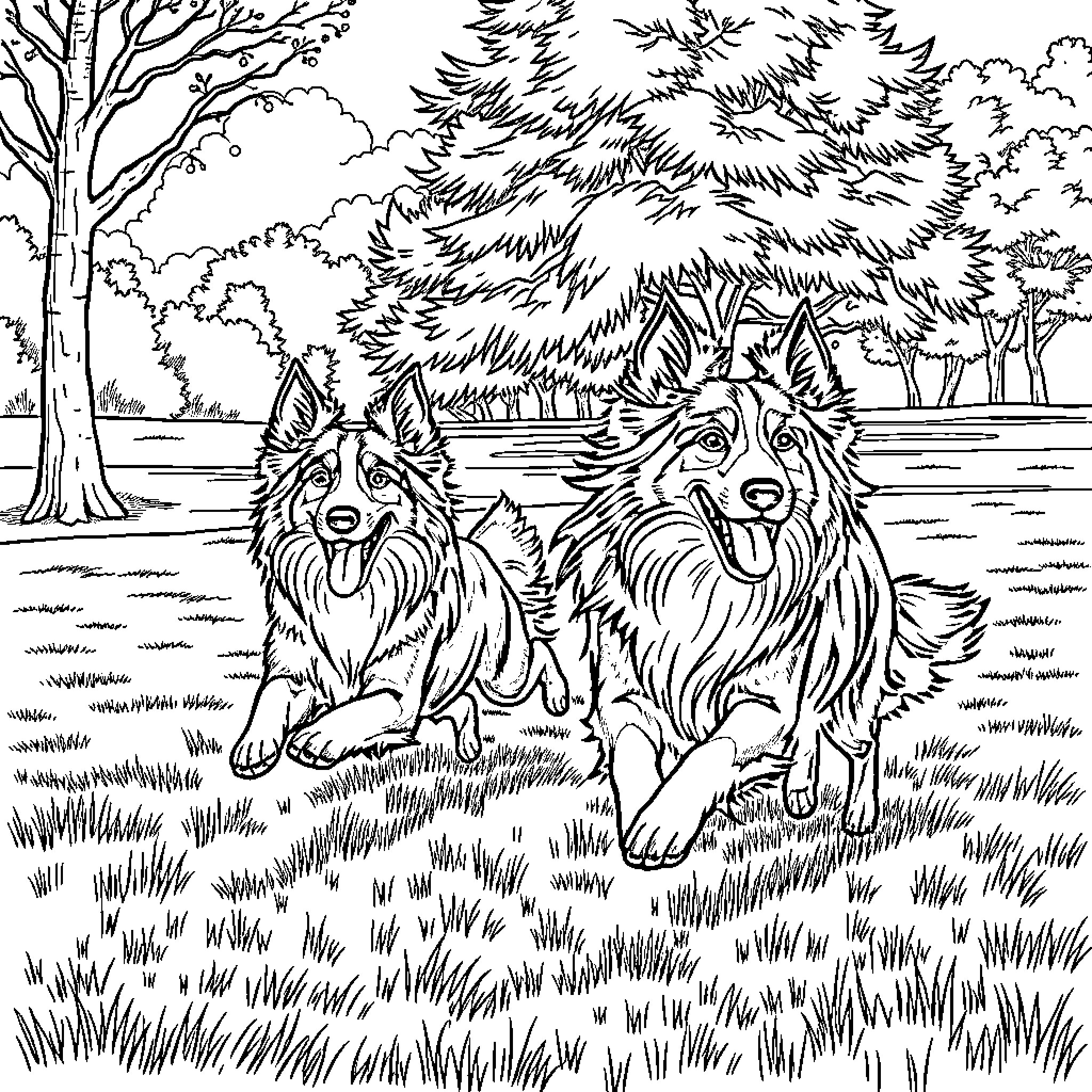 Sheltie dogs enjoying the outdoors Coloring Page (free black-and-white line drawing printable PDF for all, from beginners to advanced learners, including children, teens, adults, and seniors)