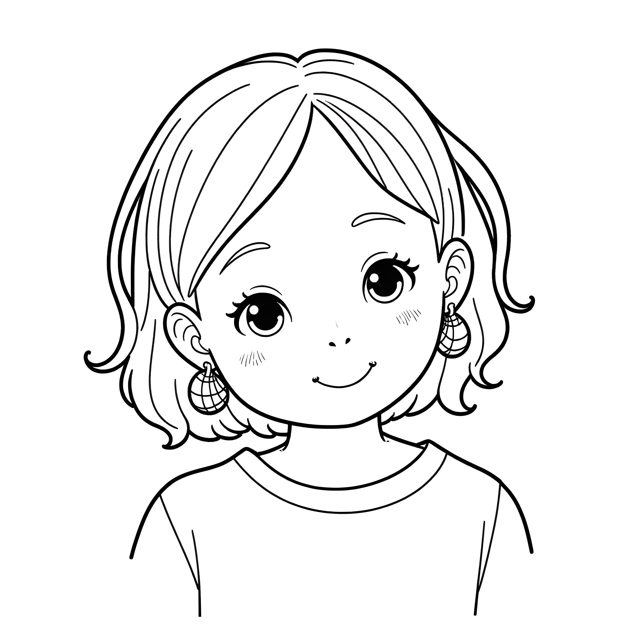 Earring wearing girl's portrait Coloring Page (free black-and-white line drawing printable PDF for all, from beginners to advanced learners, including children, teens, adults, and seniors)