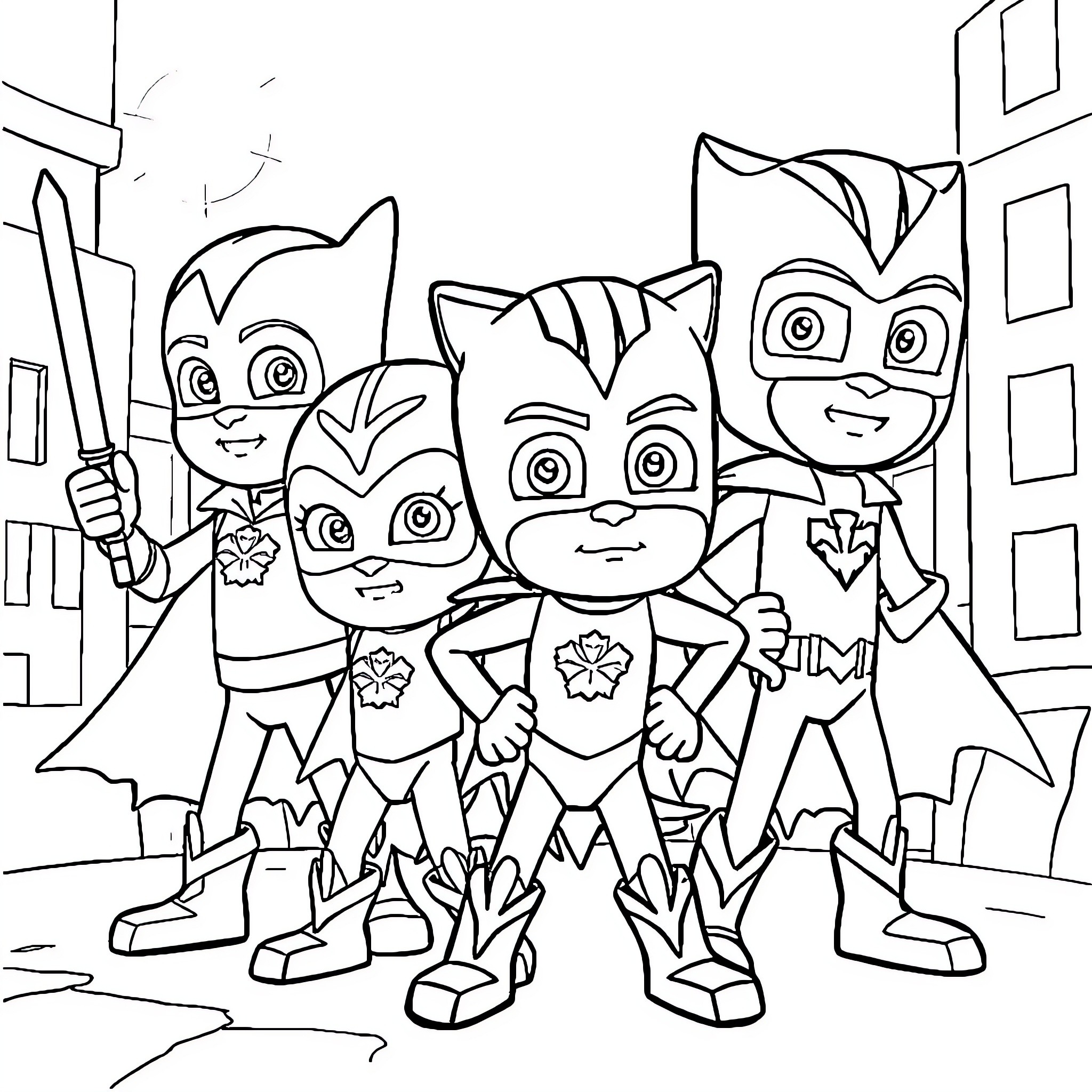 PJ Masks heroes in action pose Coloring Page (free black-and-white line drawing printable PDF for all, from beginners to advanced learners, including children, teens, adults, and seniors)