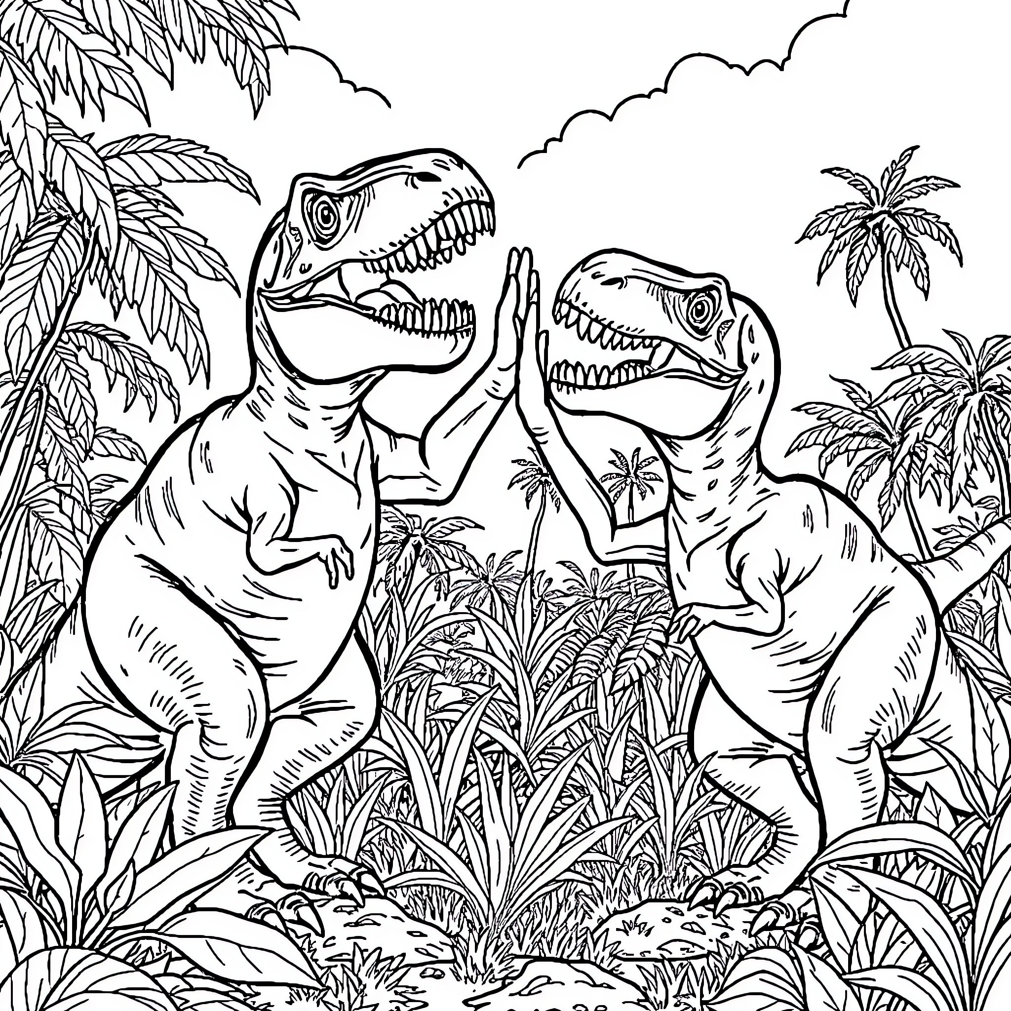 T-Rex Dinosaurs Roaming in Tropical Jungle Coloring Page (free black-and-white line drawing printable PDF for all, from beginners to advanced learners, including children, teens, adults, and seniors)