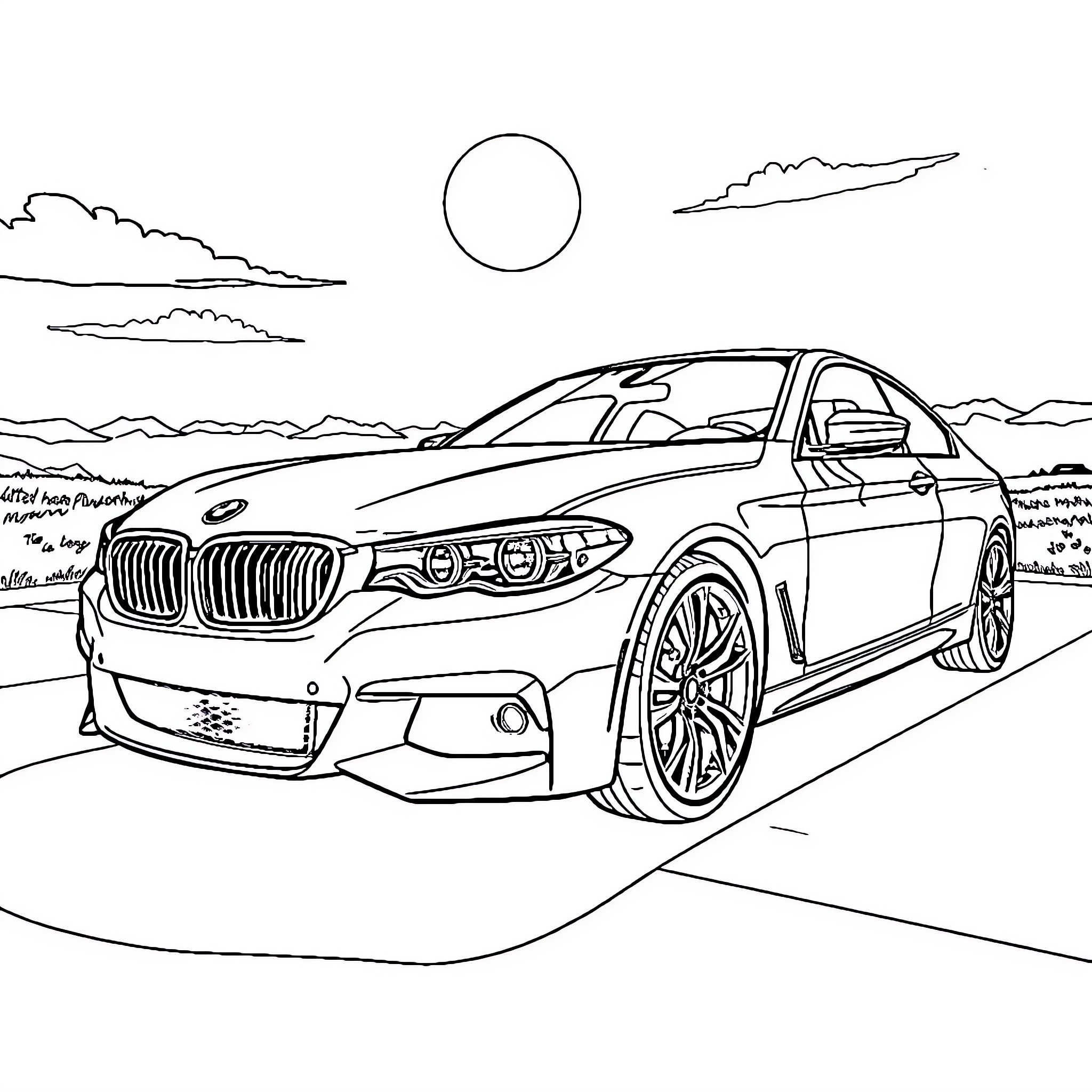 BMW driving through scenic landscape Coloring Page (free black-and-white line drawing printable PDF for all, from beginners to advanced learners, including children, teens, adults, and seniors)