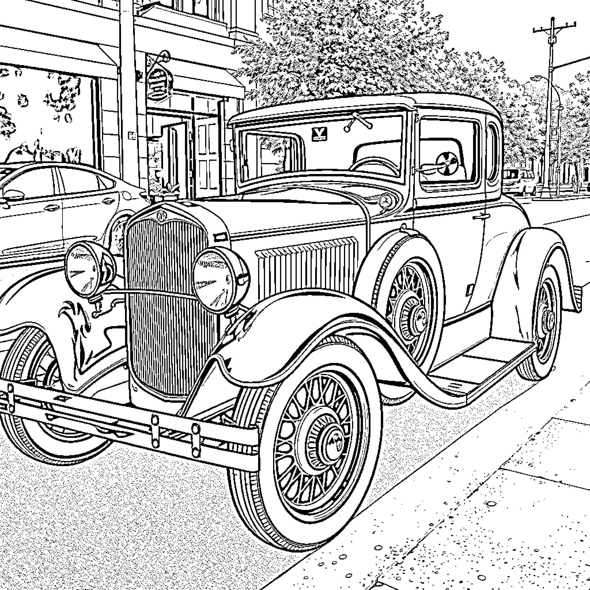 Model A Antique Car in Urban Street Scene Coloring Page (free black-and-white line drawing printable PDF for all, from beginners to advanced learners, including children, teens, adults, and seniors)