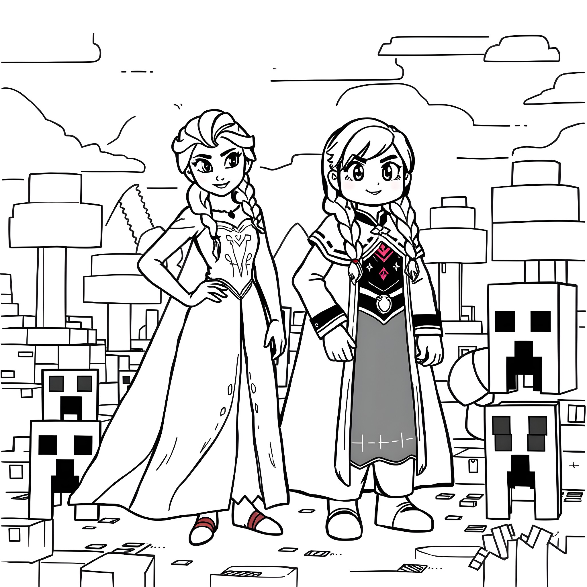 Elsa and Anna in a Snowy Cityscape Coloring Page (free black-and-white line drawing printable PDF for all, from beginners to advanced learners, including children, teens, adults, and seniors)