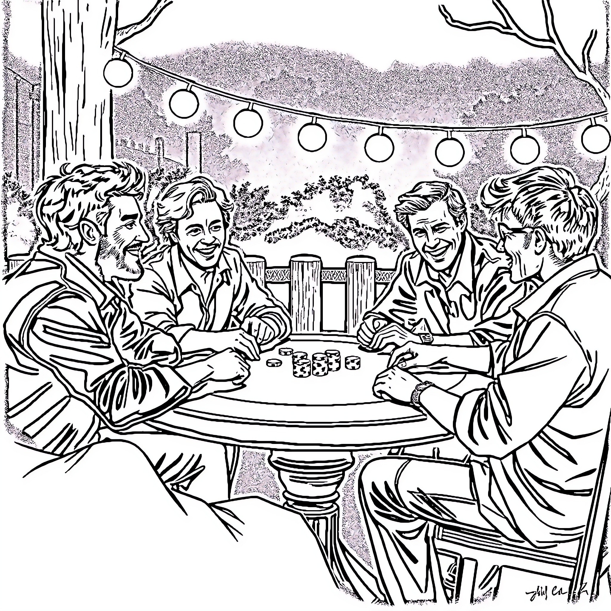 Socs Sharing Drinks and Conversation Outdoors Coloring Page (free black-and-white line drawing printable PDF for all, from beginners to advanced learners, including children, teens, adults, and seniors)