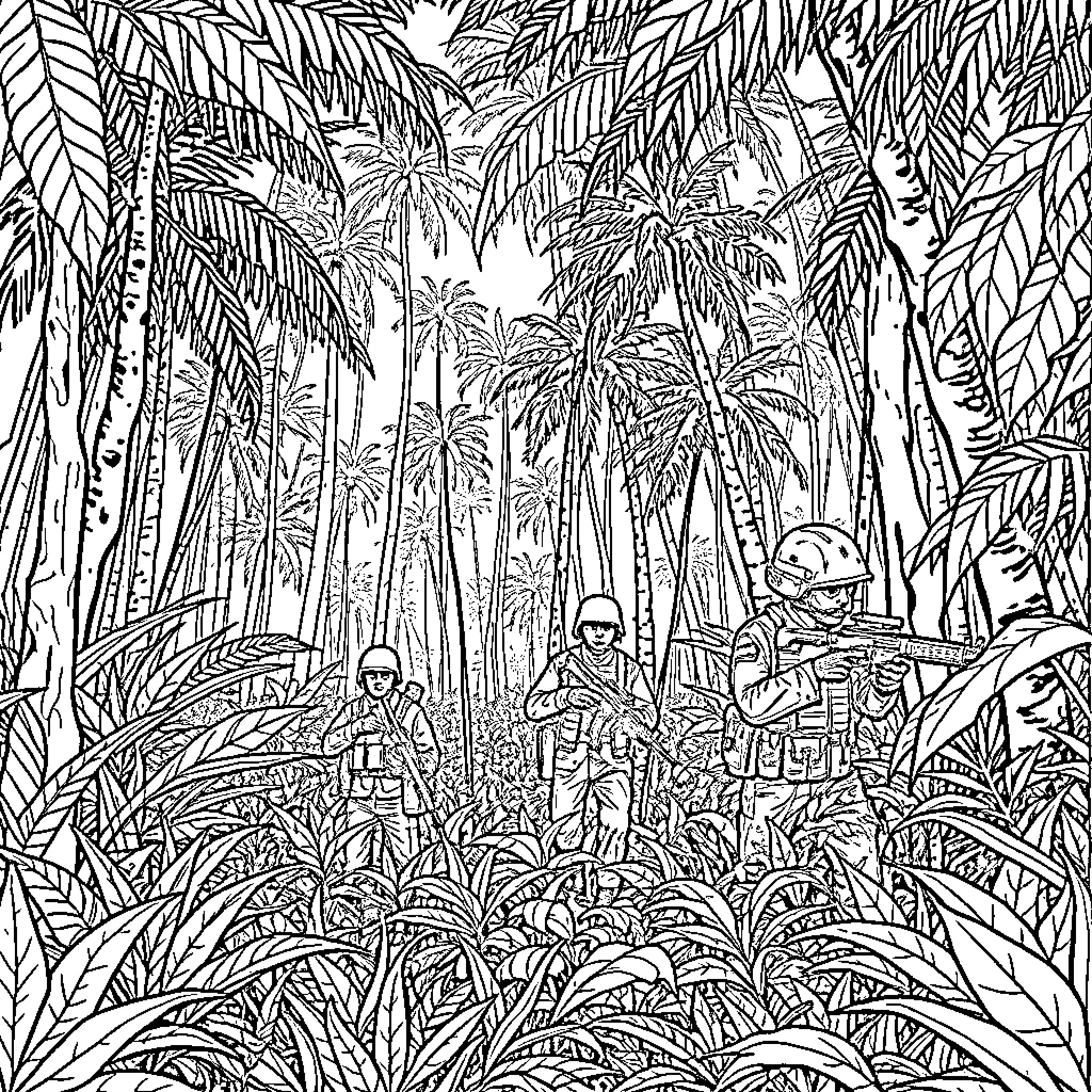 Military soldiers patrolling dense jungle terrain Coloring Page (free black-and-white line drawing printable PDF for all, from beginners to advanced learners, including children, teens, adults, and seniors)