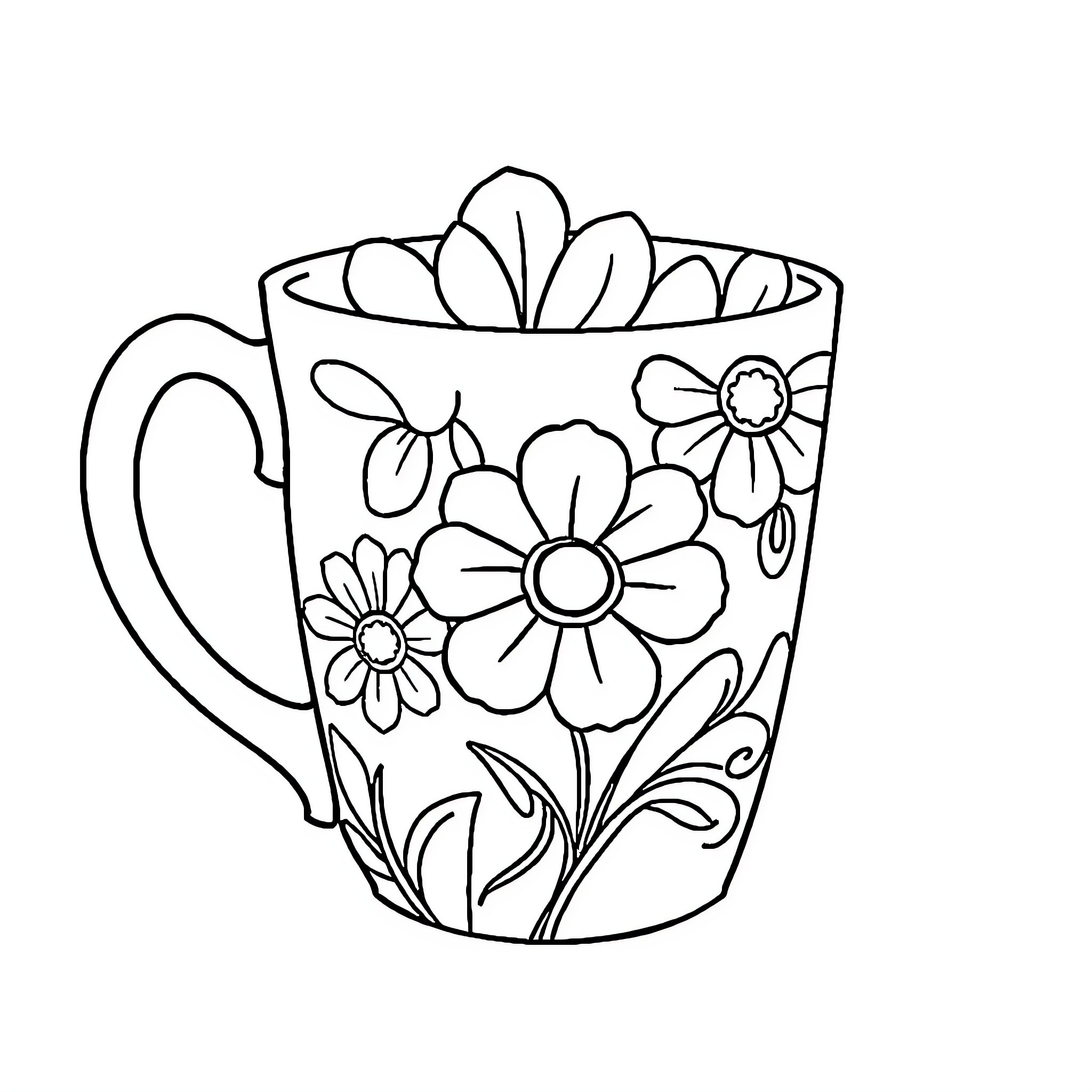 Flower mug with decorative floral pattern Coloring Page (free black-and-white line drawing printable PDF for all, from beginners to advanced learners, including children, teens, adults, and seniors)