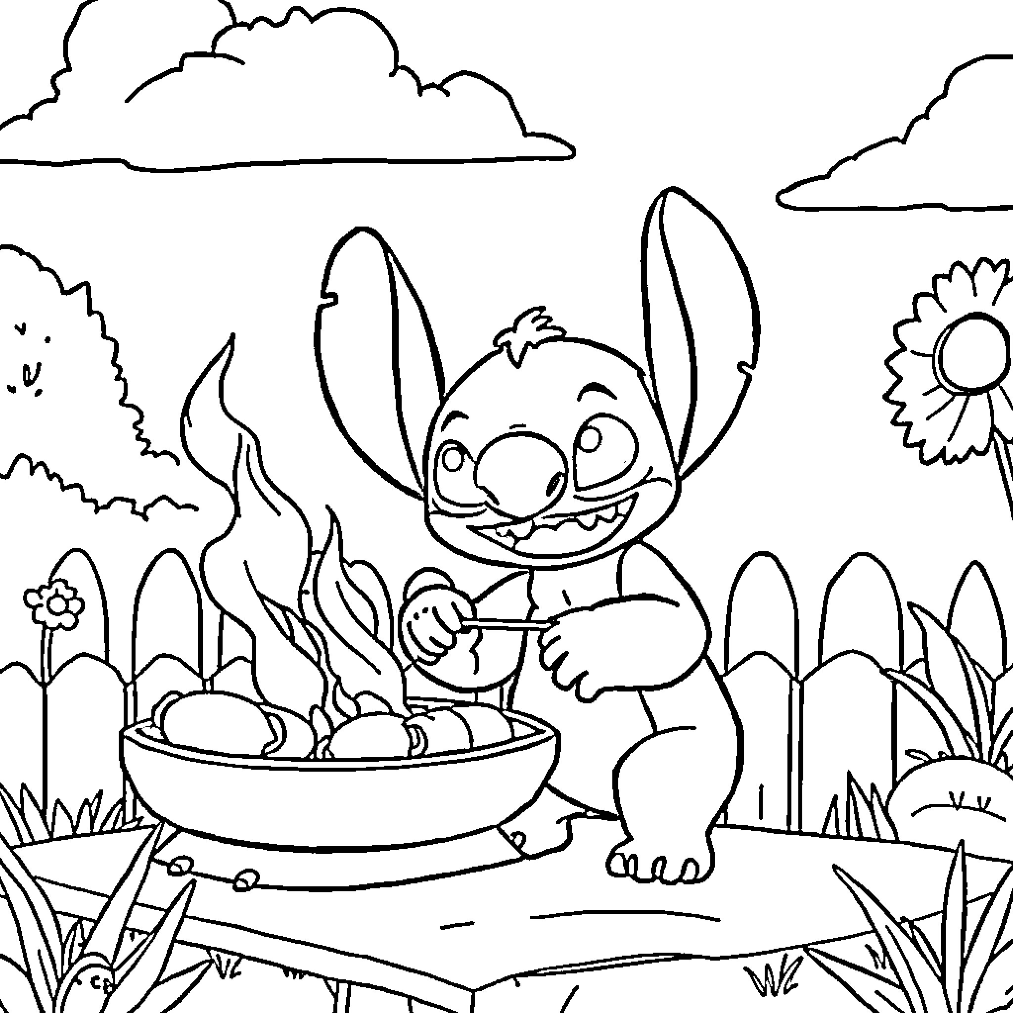 Stitch enjoying a snack in the garden Coloring Page (free black-and-white line drawing printable PDF for all, from beginners to advanced learners, including children, teens, adults, and seniors)