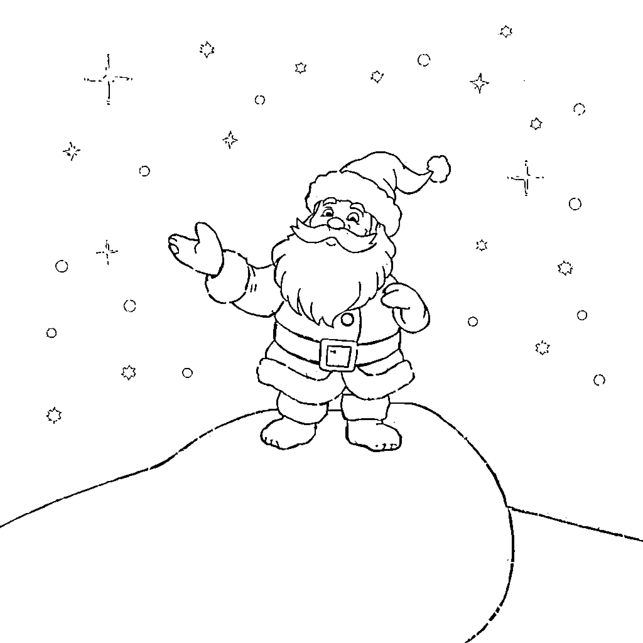 Santa waves in snowy landscape Coloring Page (free black-and-white line drawing printable PDF for all, from beginners to advanced learners, including children, teens, adults, and seniors)