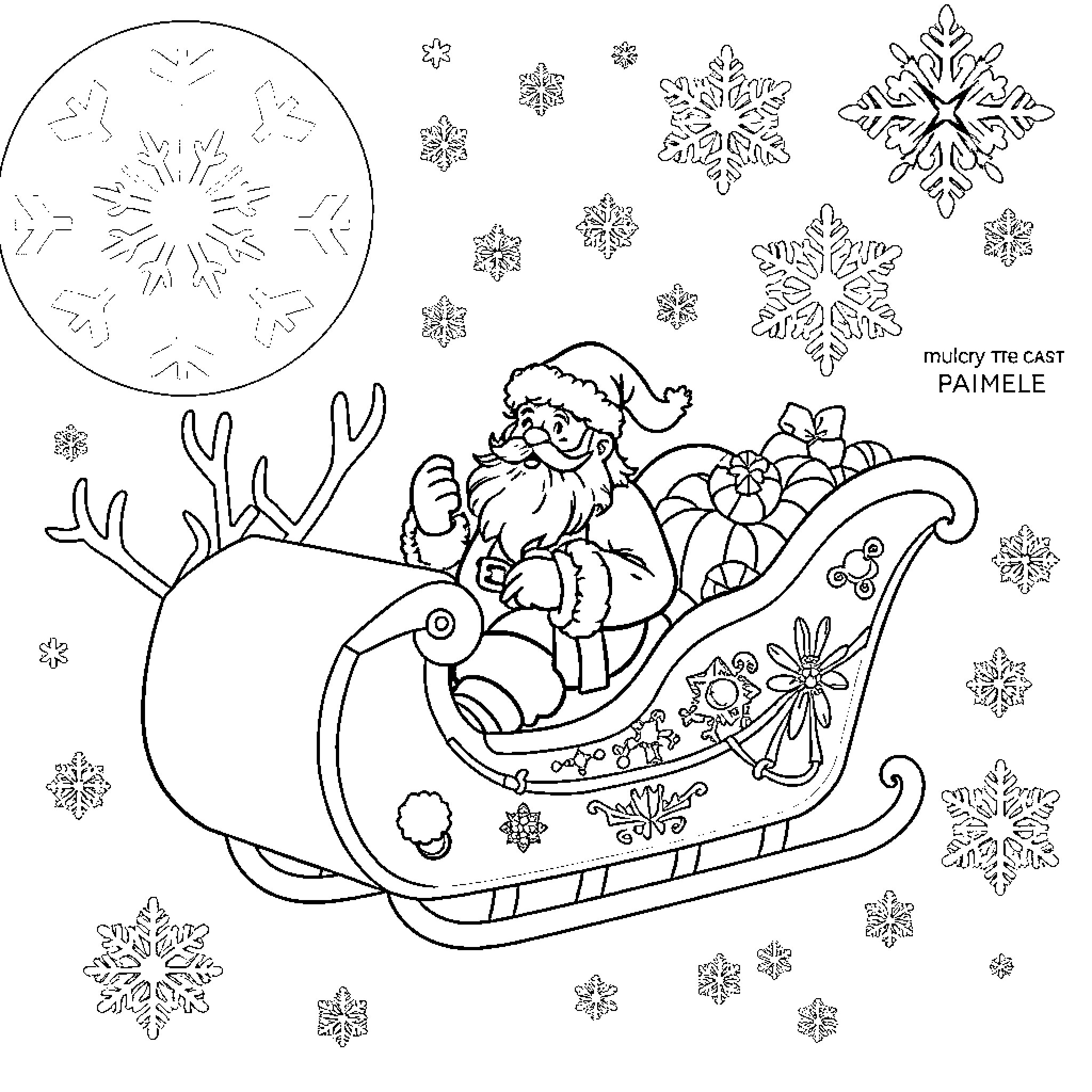 Santa riding his sleigh with presents Coloring Page (free black-and-white line drawing printable PDF for all, from beginners to advanced learners, including children, teens, adults, and seniors)