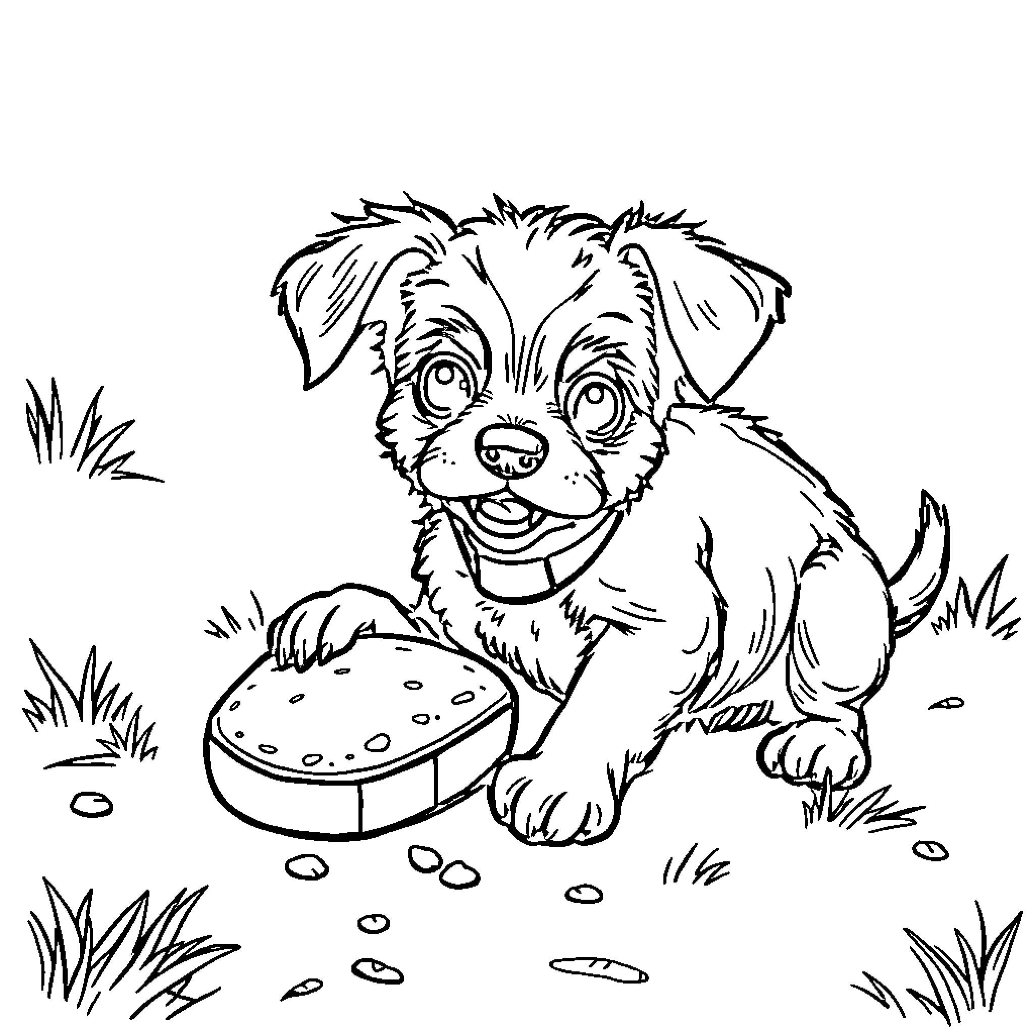 Dog playing with a ball in the grass Coloring Page (free black-and-white line drawing printable PDF for all, from beginners to advanced learners, including children, teens, adults, and seniors)