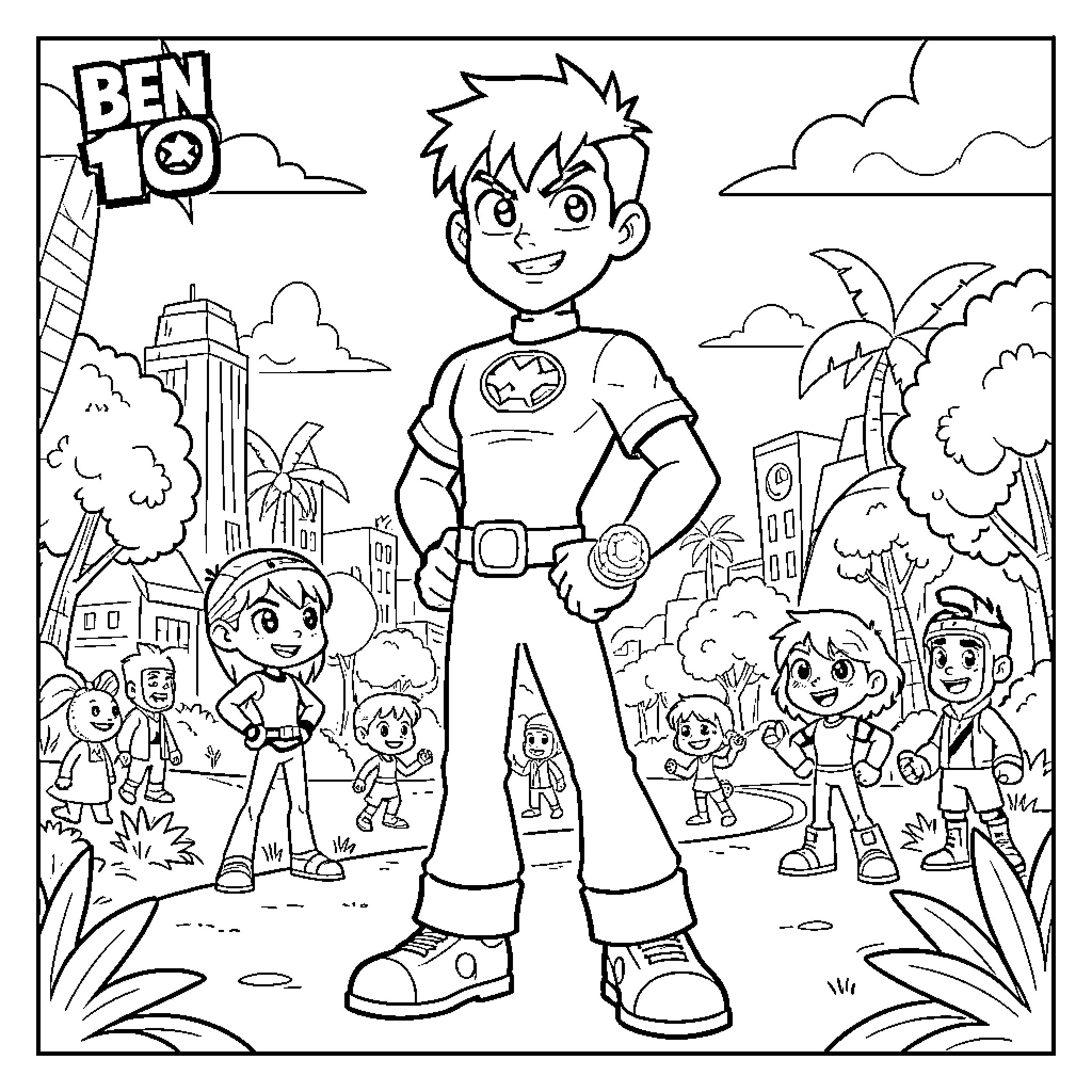 Ben 10 and his team in an animated cityscape Coloring Page (free black-and-white line drawing printable PDF for all, from beginners to advanced learners, including children, teens, adults, and seniors)