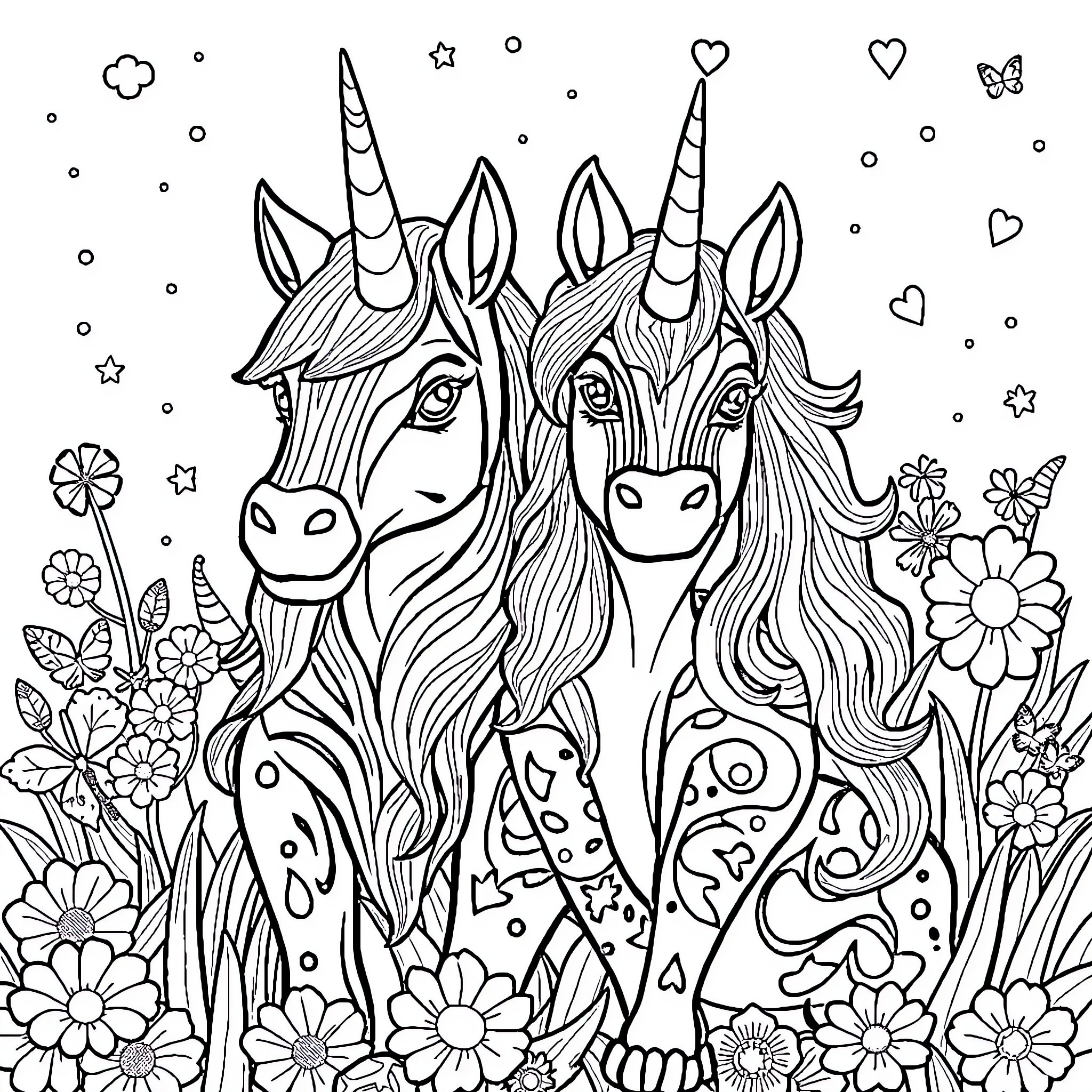Patrol of Magical Unicorns in a Whimsical Meadow Coloring Page (free black-and-white line drawing printable PDF for all, from beginners to advanced learners, including children, teens, adults, and seniors)