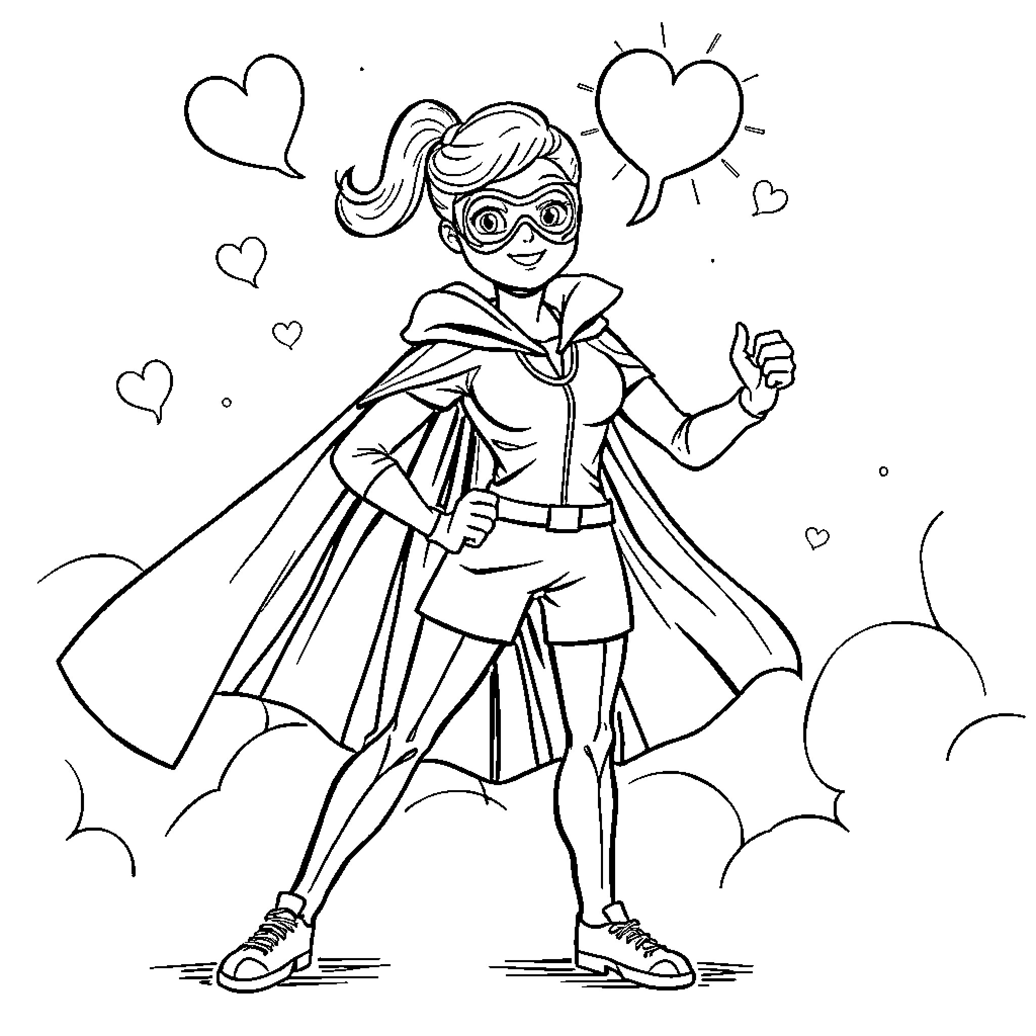 Dental Hygienist Superhero Saving the Day Coloring Page (free black-and-white line drawing printable PDF for all, from beginners to advanced learners, including children, teens, adults, and seniors)