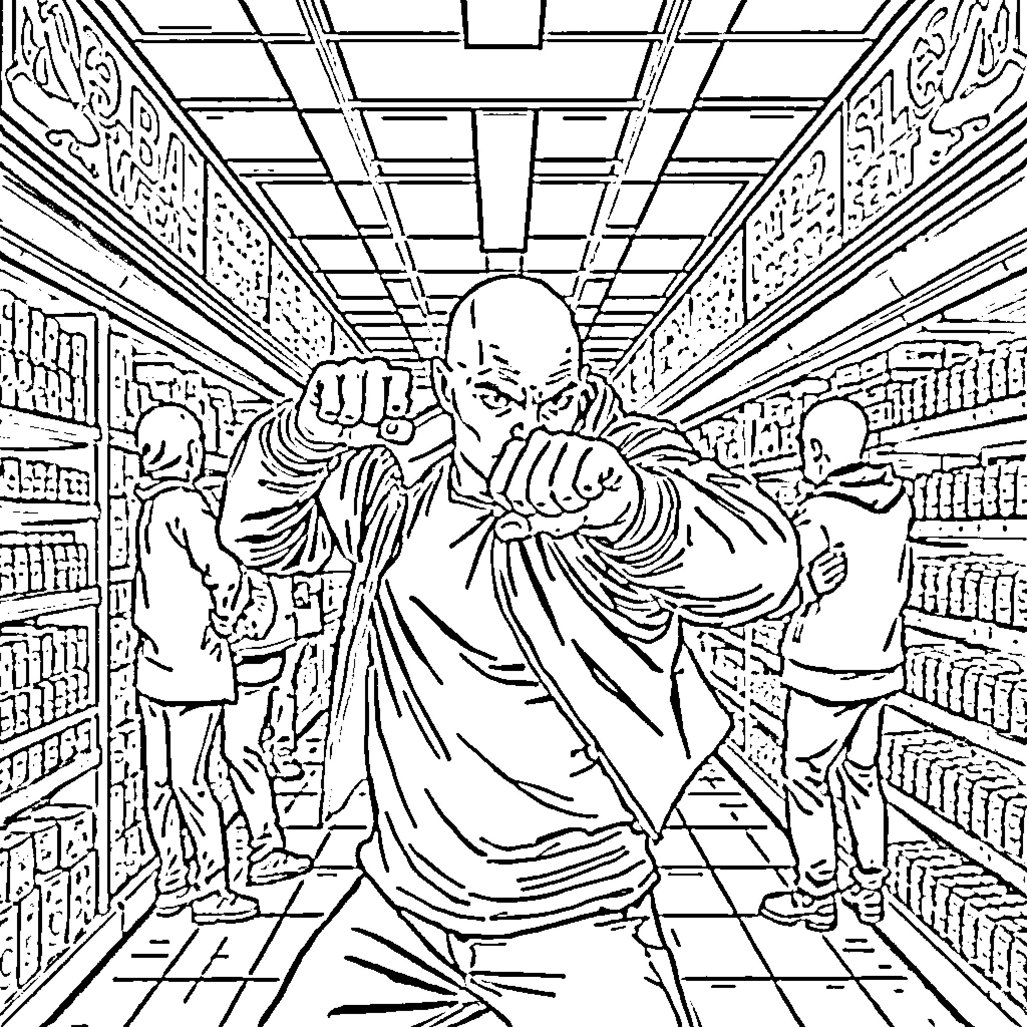 Bald Guy's Confrontation in the Supermarket Aisle Coloring Page (free black-and-white line drawing printable PDF for all, from beginners to advanced learners, including children, teens, adults, and seniors)