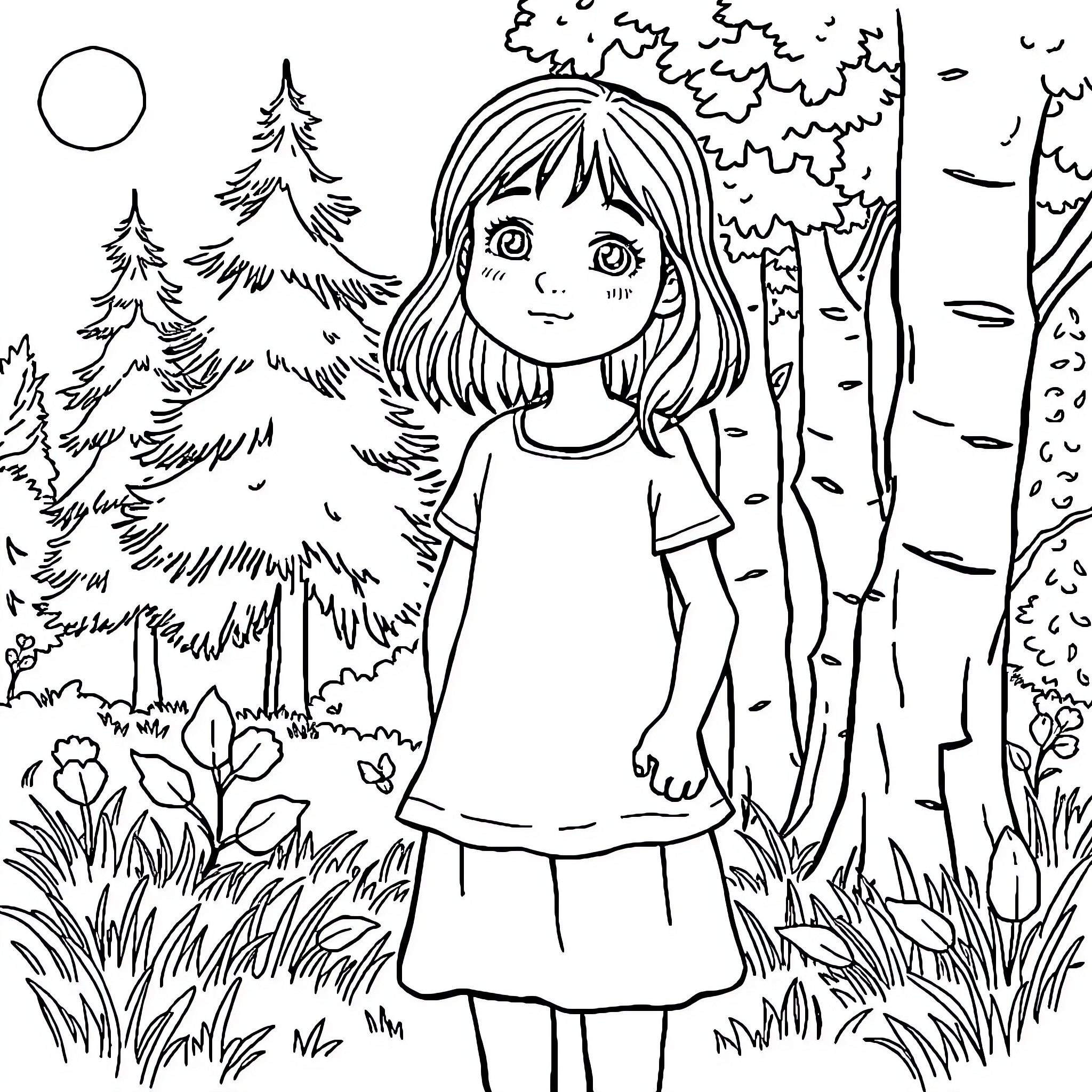 Girl explores the serene forest landscape Coloring Page (free black-and-white line drawing printable PDF for all, from beginners to advanced learners, including children, teens, adults, and seniors)