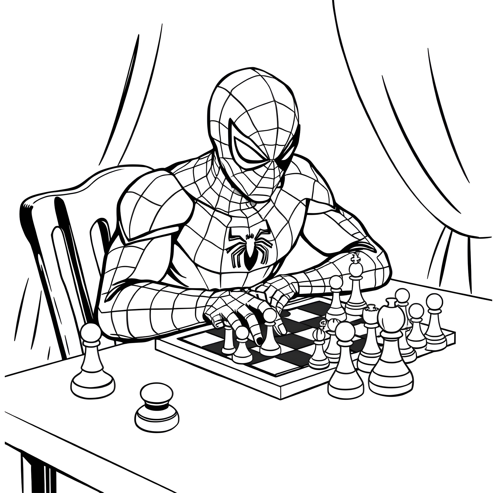 Spiderman concentrating on chess game Coloring Page (free black-and-white line drawing printable PDF for all, from beginners to advanced learners, including children, teens, adults, and seniors)