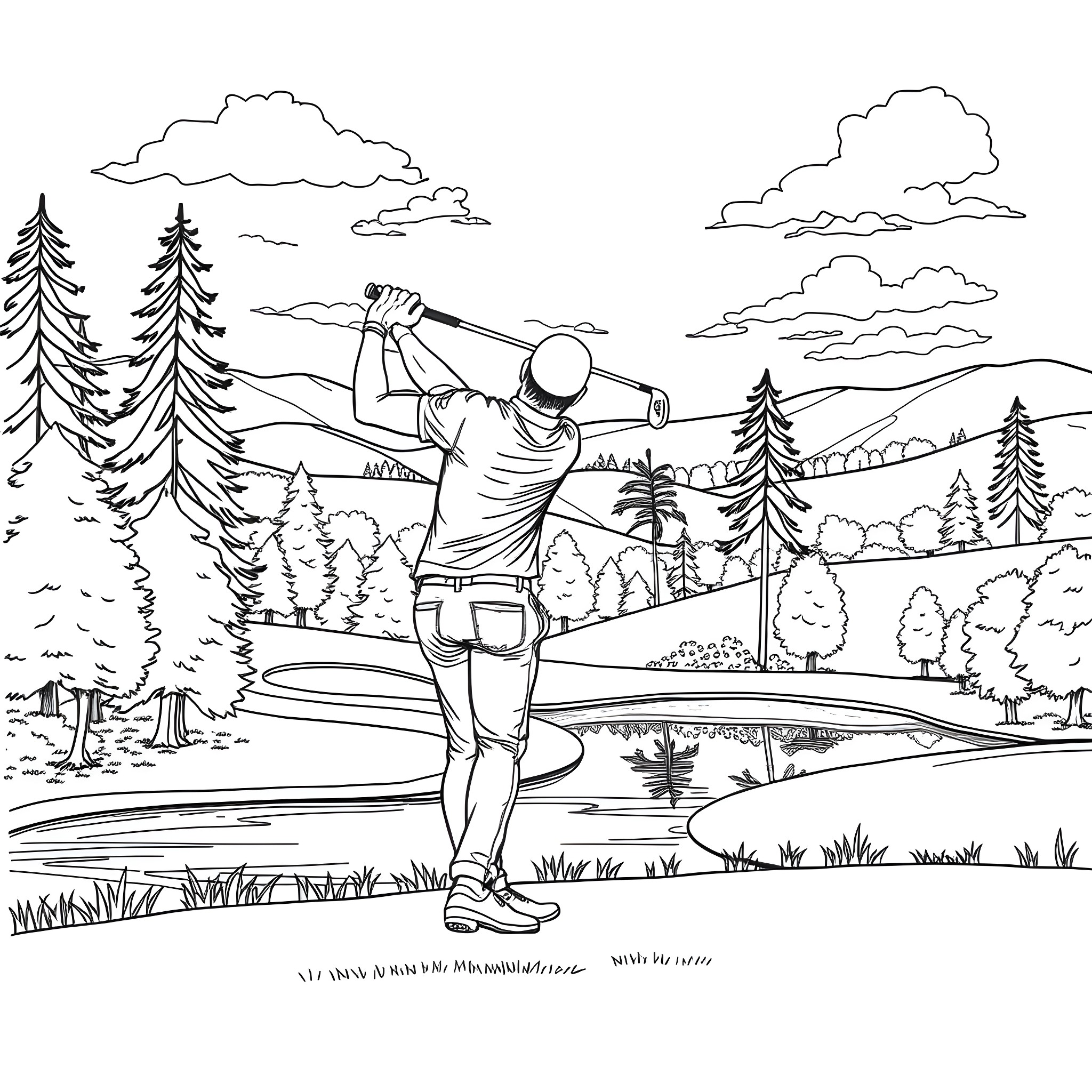 Nick Drozdoski golfing in a serene natural landscape Coloring Page (free black-and-white line drawing printable PDF for all, from beginners to advanced learners, including children, teens, adults, and seniors)