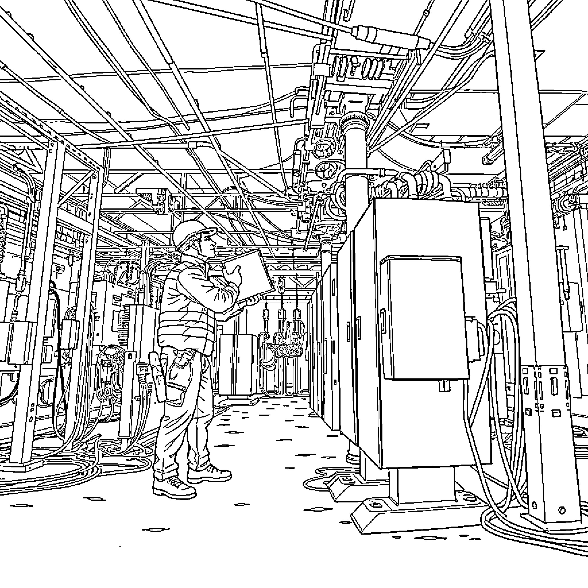 Electrician inspecting electrical equipment in industrial setting Coloring Page (free black-and-white line drawing printable PDF for all, from beginners to advanced learners, including children, teens, adults, and seniors)