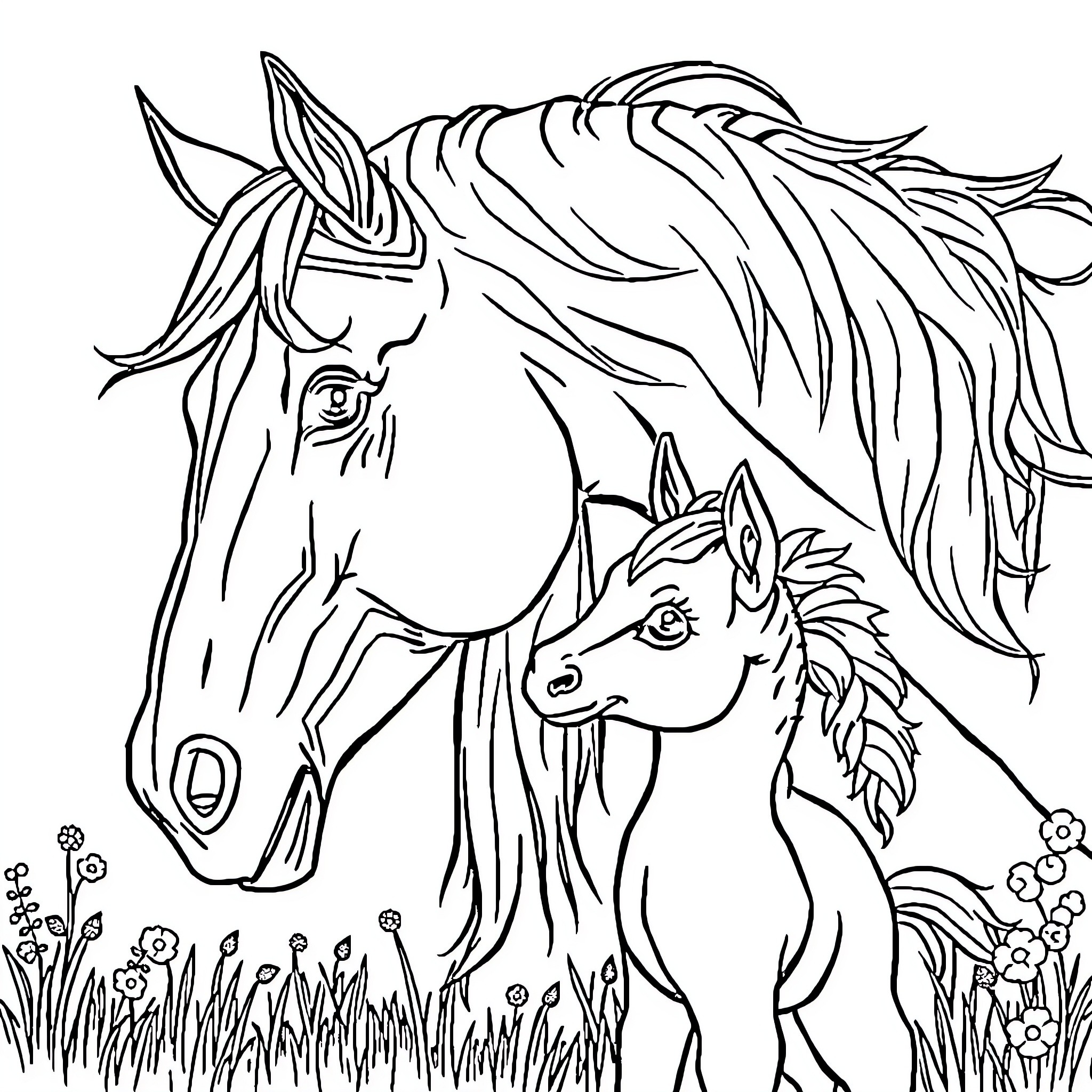 Horse and its foal in a meadow Coloring Page (free black-and-white line drawing printable PDF for all, from beginners to advanced learners, including children, teens, adults, and seniors)