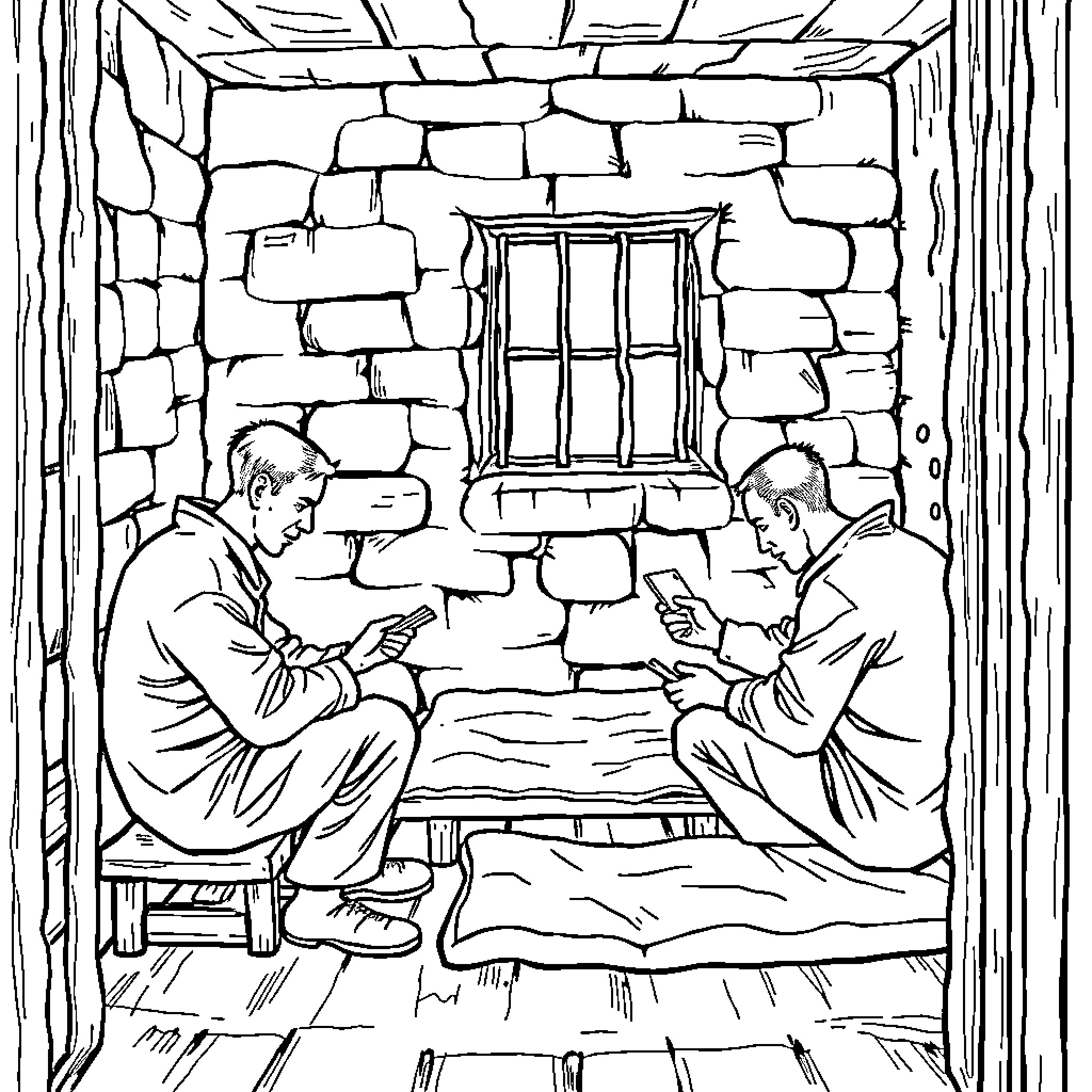 Prisoner Discussing or Conversing in Stone Cell Coloring Page (free black-and-white line drawing printable PDF for all, from beginners to advanced learners, including children, teens, adults, and seniors)