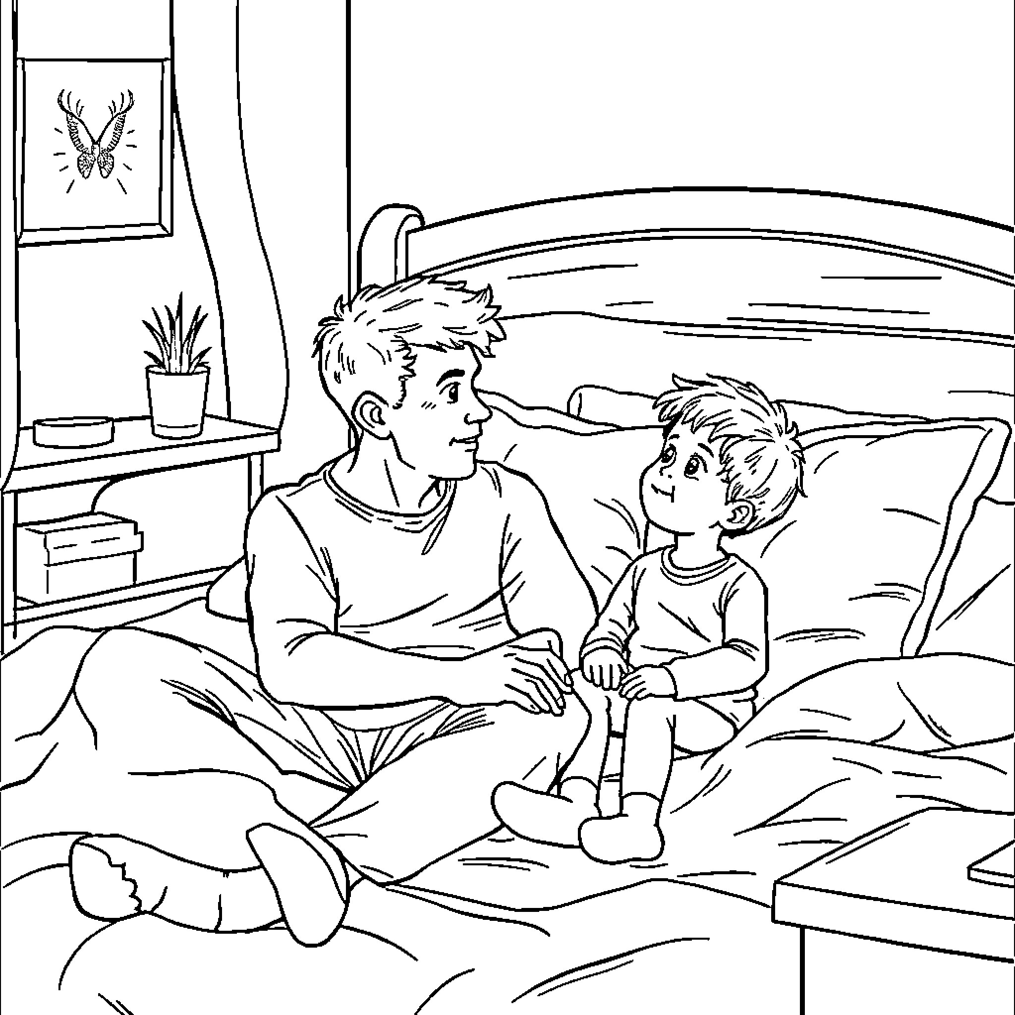 Man enjoying quality time with young child in bedroom Coloring Page (free black-and-white line drawing printable PDF for all, from beginners to advanced learners, including children, teens, adults, and seniors)
