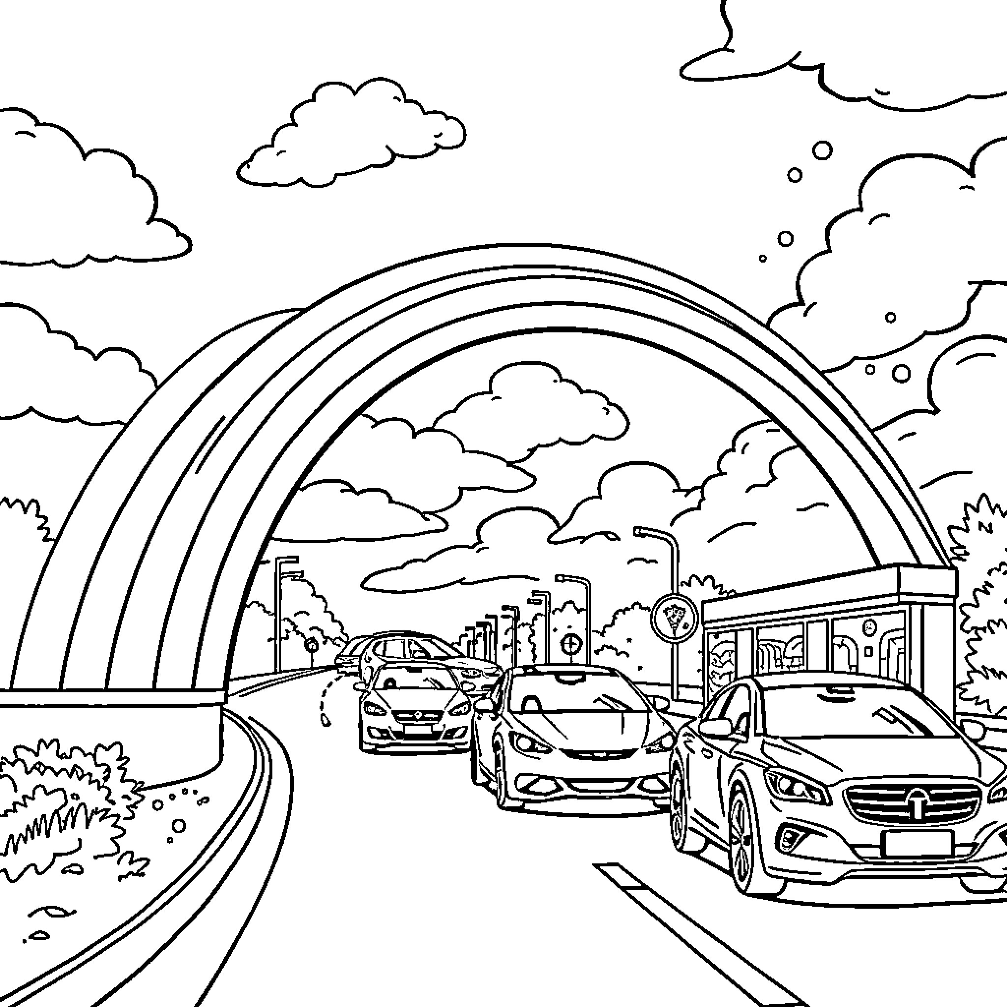 Rainbow Bridge for Peaceful Commute Coloring Page (free black-and-white line drawing printable PDF for all, from beginners to advanced learners, including children, teens, adults, and seniors)