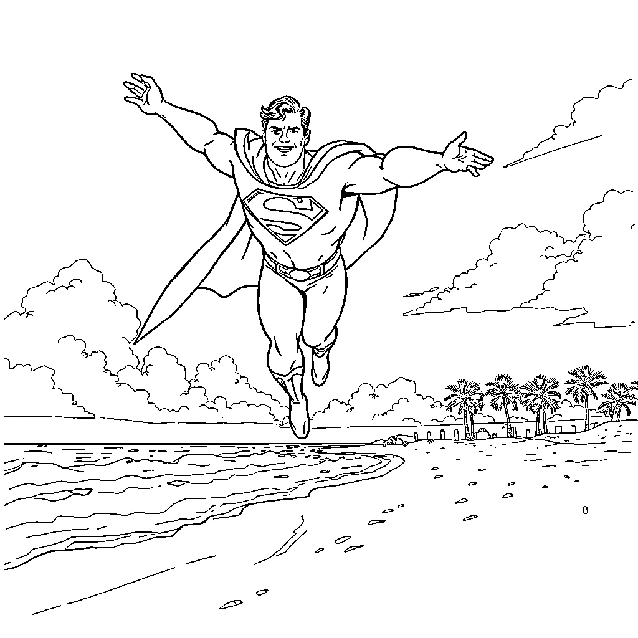 Superman soaring over a beachfront landscape Coloring Page (free black-and-white line drawing printable PDF for all, from beginners to advanced learners, including children, teens, adults, and seniors)