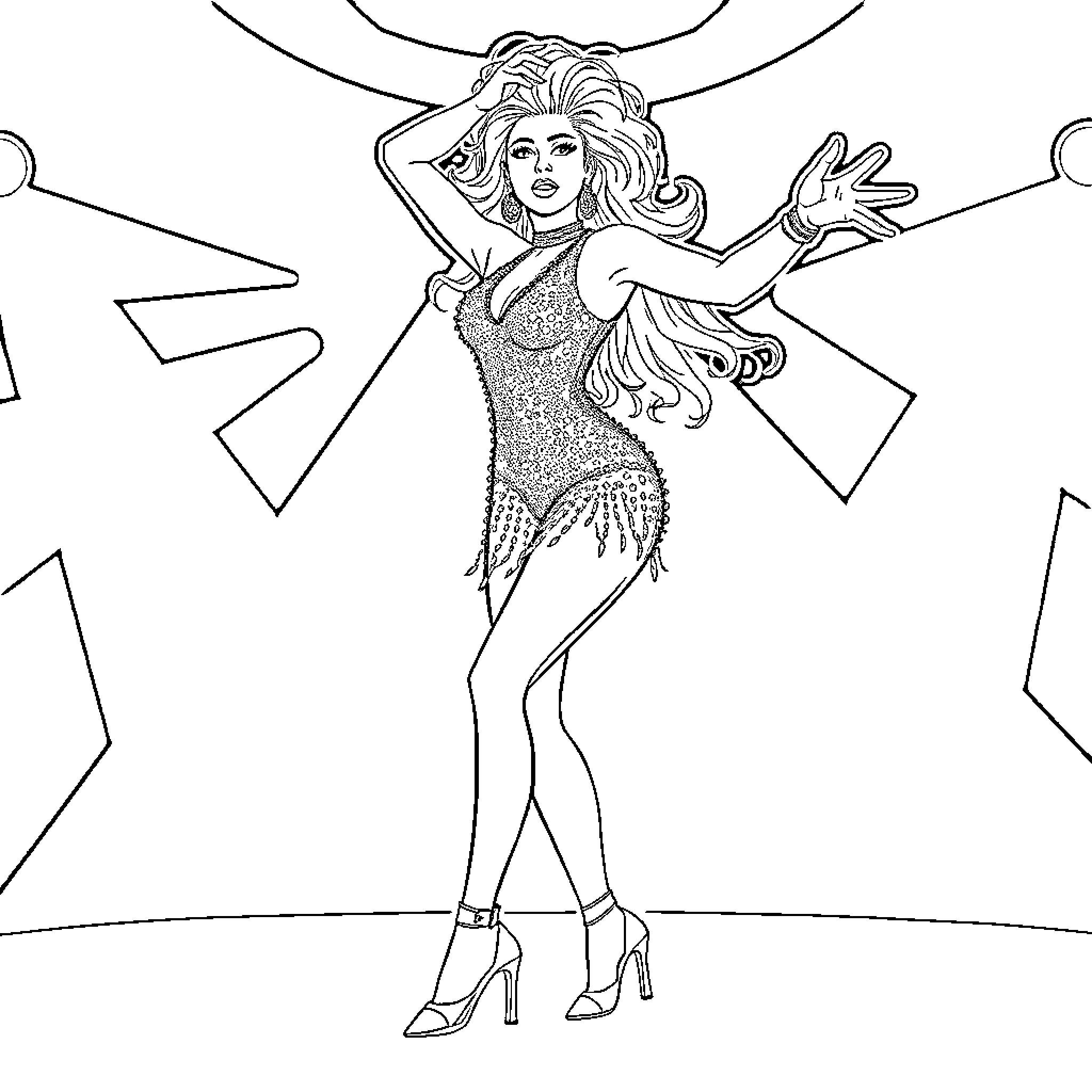 Lady Gaga's Glamorous Stage Presence Coloring Page (free black-and-white line drawing printable PDF for all, from beginners to advanced learners, including children, teens, adults, and seniors)