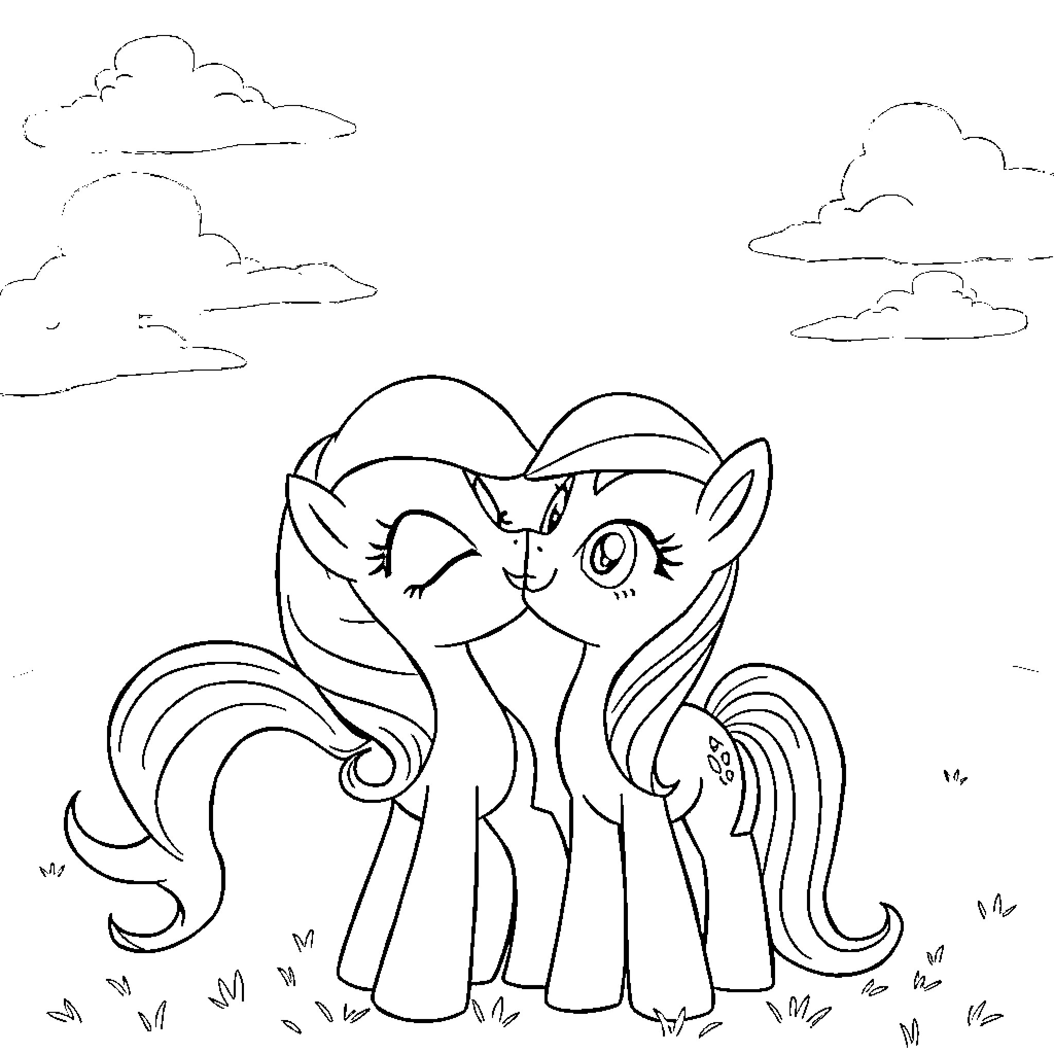 Applejack and a friend sharing a moment outdoors Coloring Page (free black-and-white line drawing printable PDF for all, from beginners to advanced learners, including children, teens, adults, and seniors)
