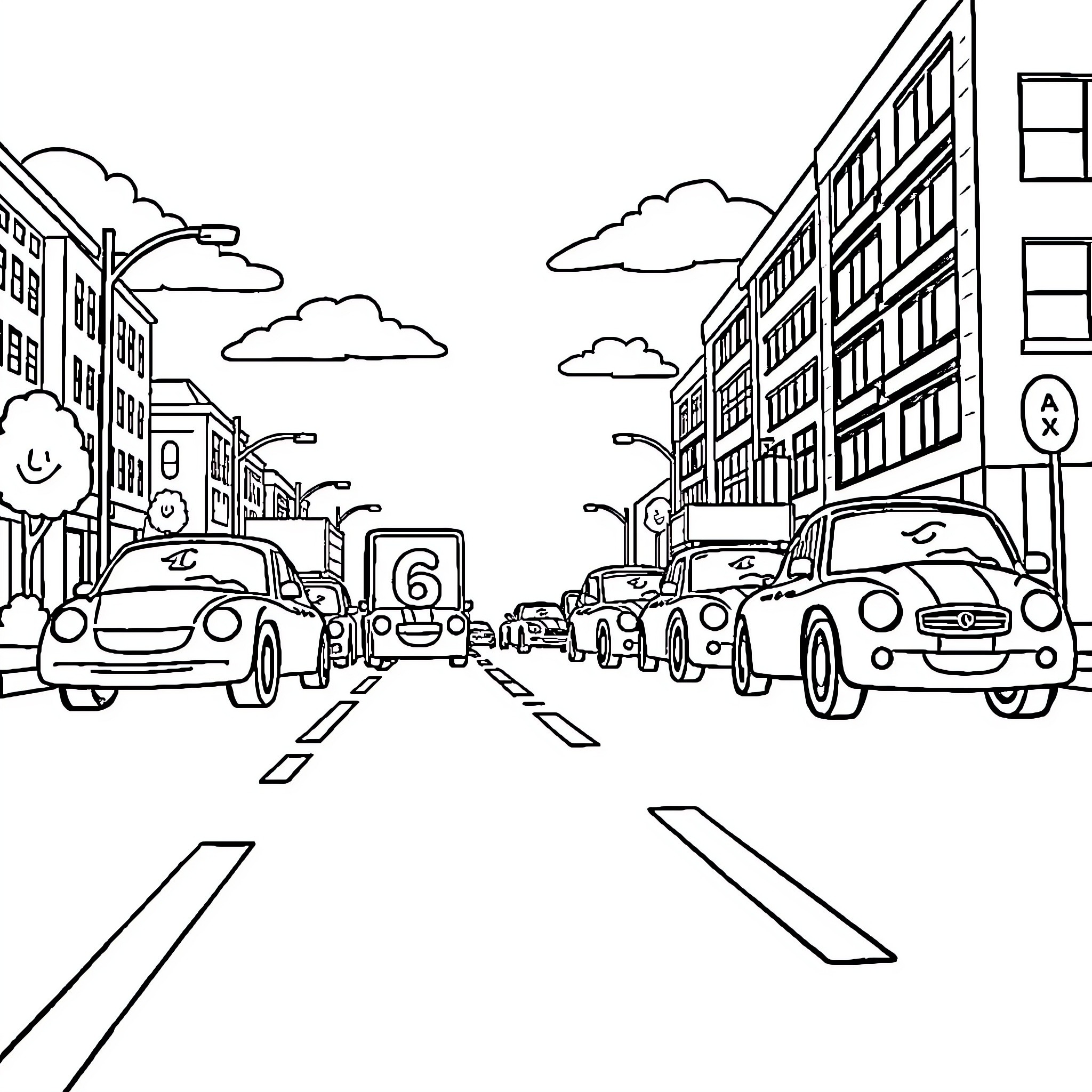 Number Block Cars Driving Down City Street Coloring Page (free black-and-white line drawing printable PDF for all, from beginners to advanced learners, including children, teens, adults, and seniors)