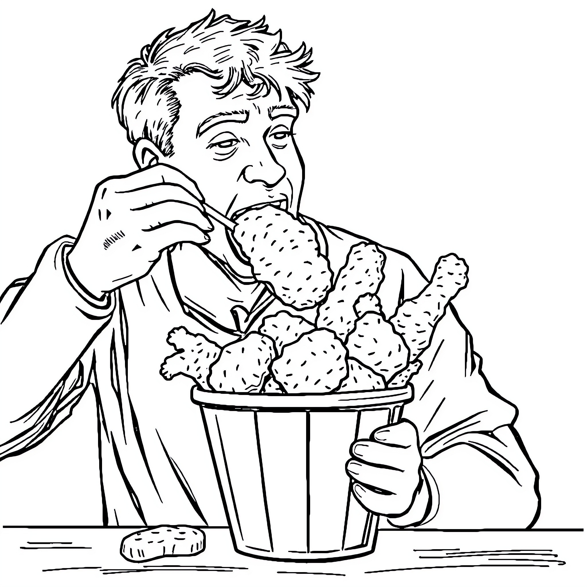 Man enjoying a tasty snack from a bucket Coloring Page (free black-and-white line drawing printable PDF for all, from beginners to advanced learners, including children, teens, adults, and seniors)
