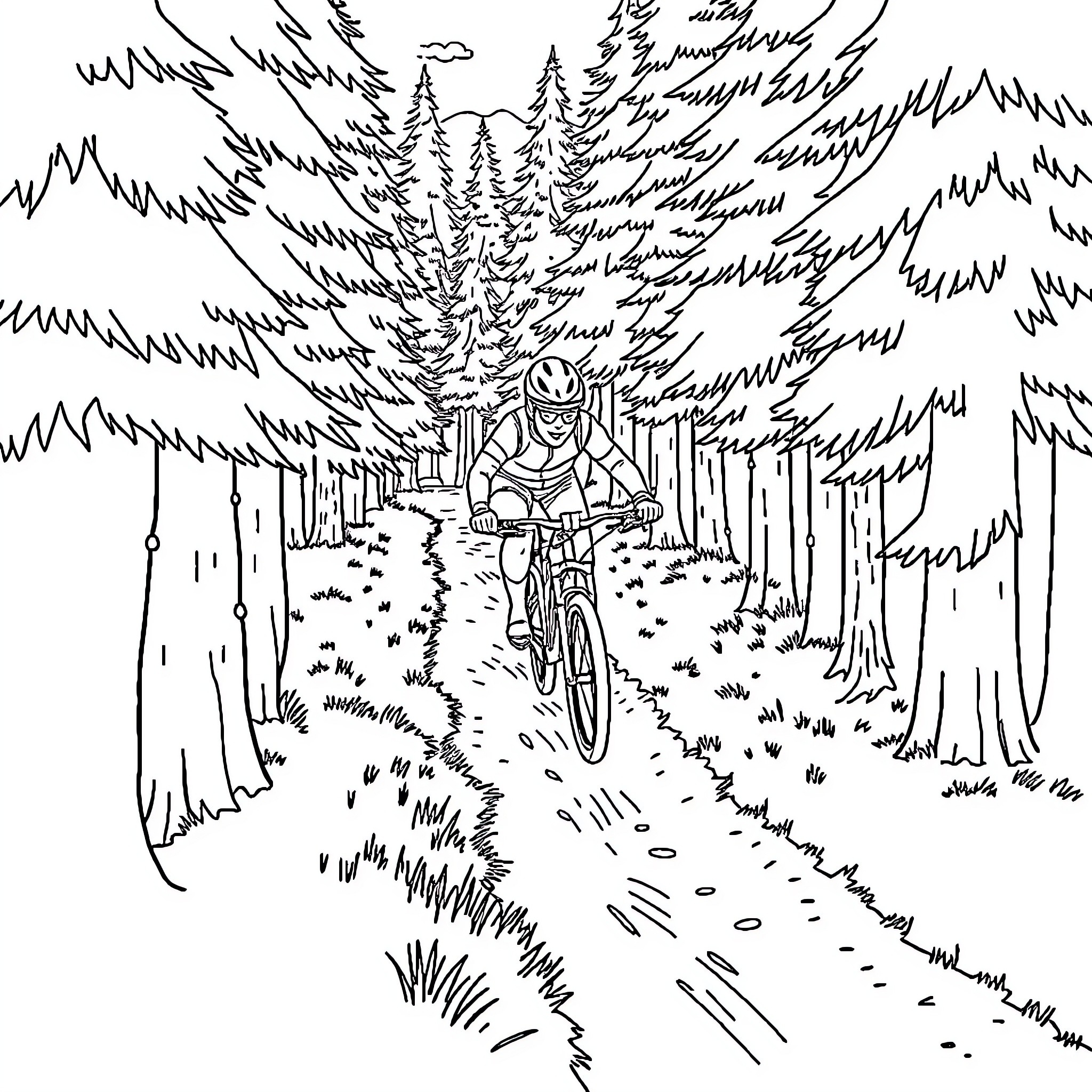 VTT Cyclist riding through forest landscape Coloring Page (free black-and-white line drawing printable PDF for all, from beginners to advanced learners, including children, teens, adults, and seniors)