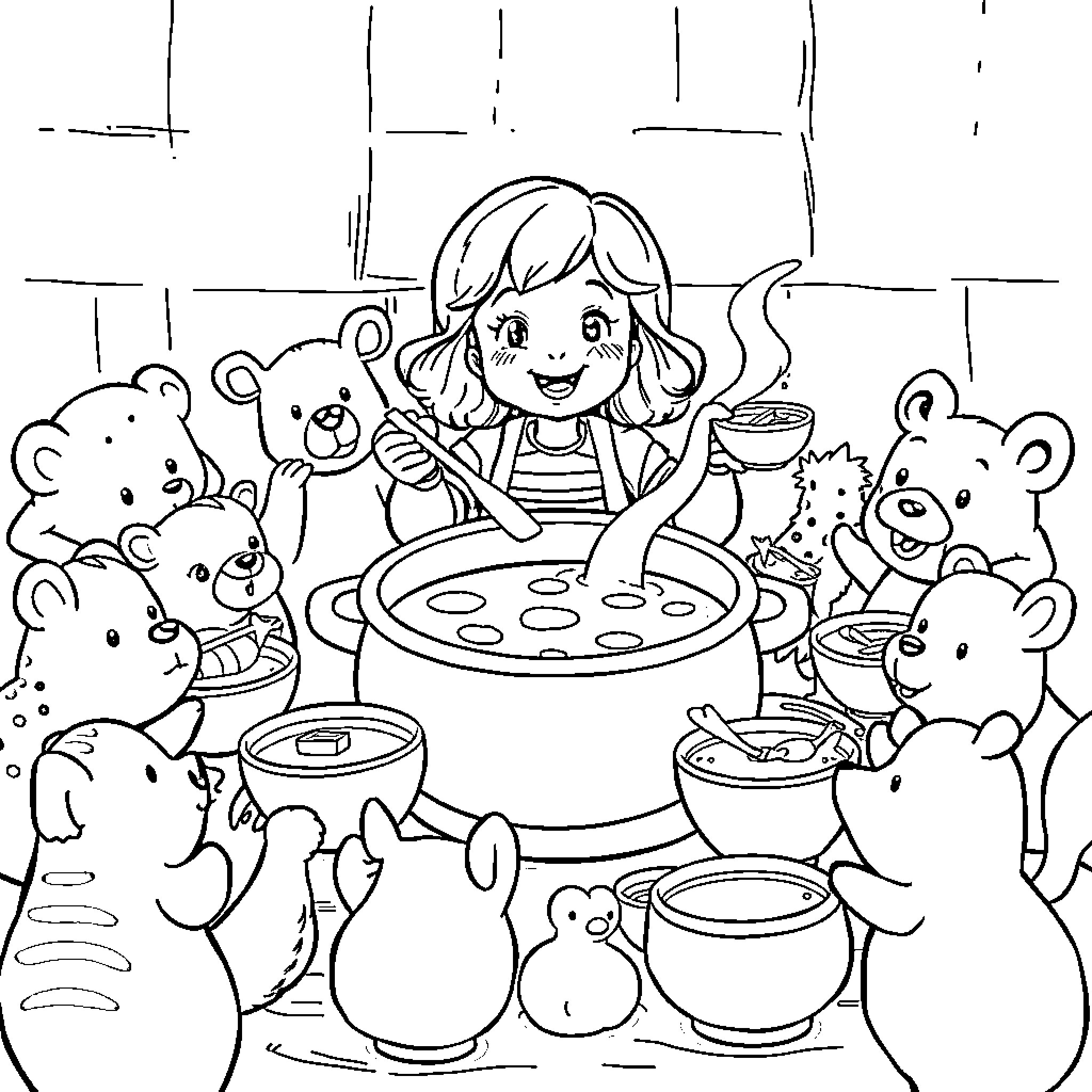 Animal Baking Cookies with Cuddly Friends Coloring Page (free black-and-white line drawing printable PDF for all, from beginners to advanced learners, including children, teens, adults, and seniors)