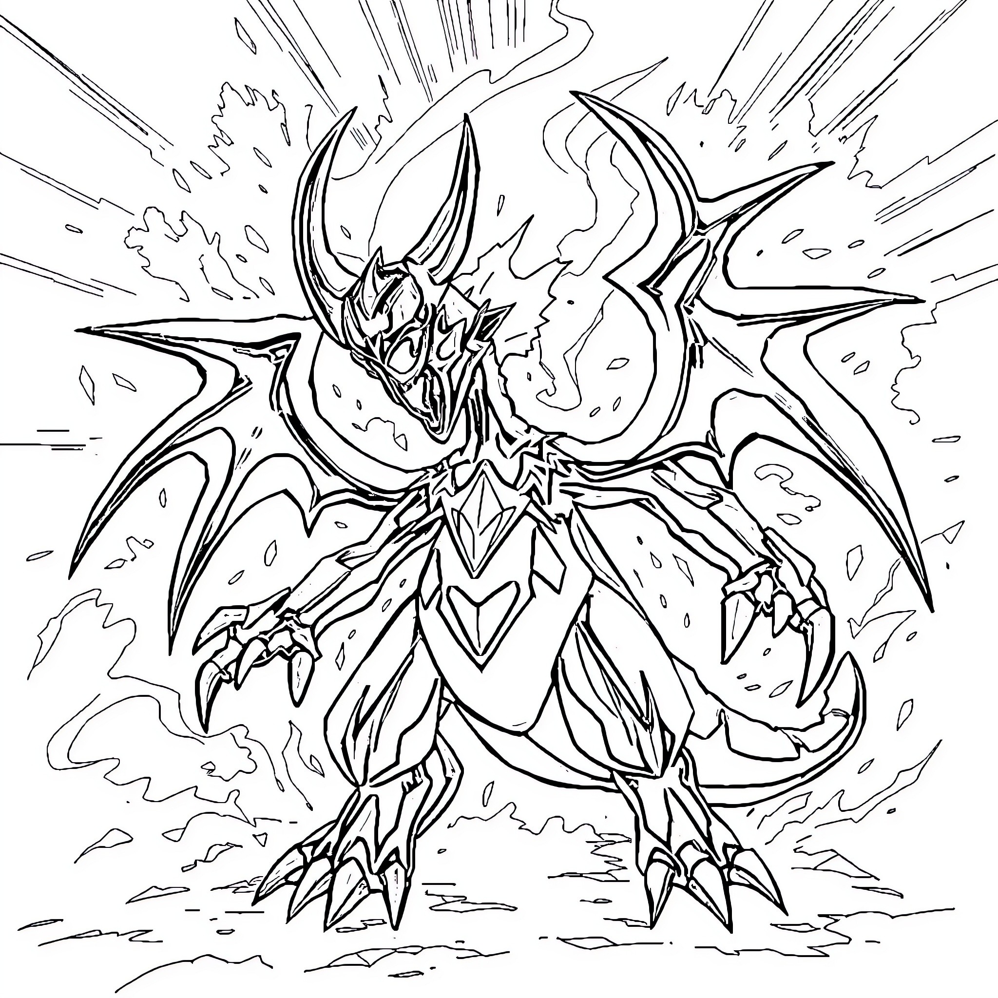 Necrozma's Fierce Transformation Coloring Page (free black-and-white line drawing printable PDF for all, from beginners to advanced learners, including children, teens, adults, and seniors)