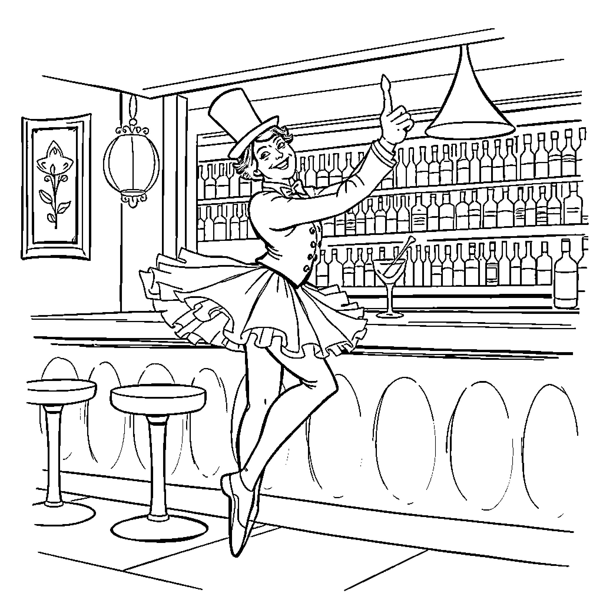 Barman serving drinks with a flamboyant flair Coloring Page (free black-and-white line drawing printable PDF for all, from beginners to advanced learners, including children, teens, adults, and seniors)