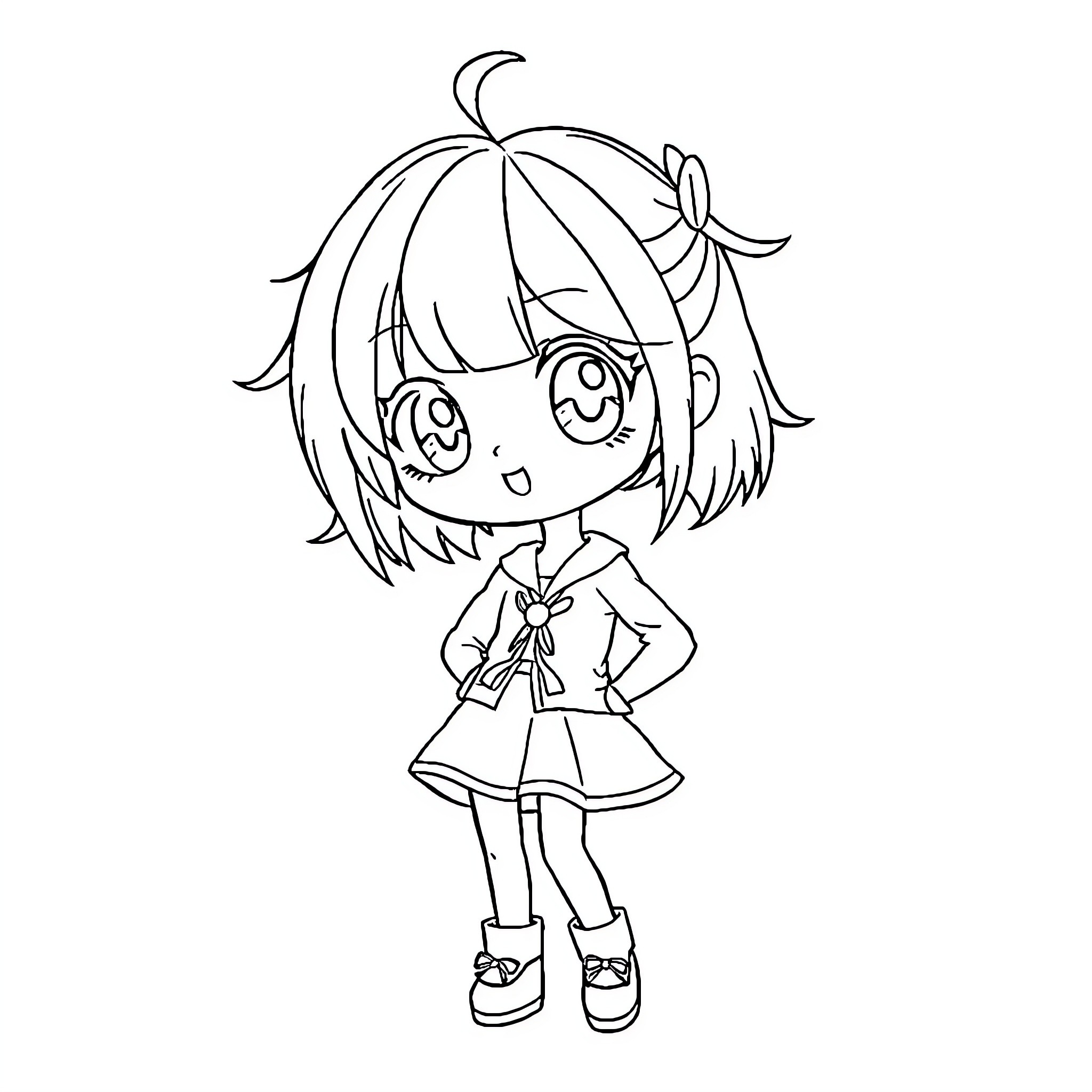 Anime Girl in Casual Outfit Smiling Happily Coloring Page (free black-and-white line drawing printable PDF for all, from beginners to advanced learners, including children, teens, adults, and seniors)