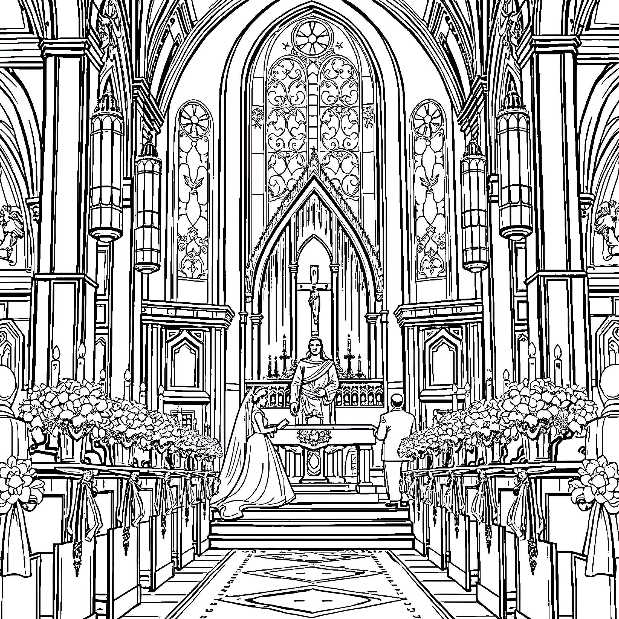 Wedding in a grand cathedral with ornate stained glass windows Coloring Page (free black-and-white line drawing printable PDF for all, from beginners to advanced learners, including children, teens, adults, and seniors)